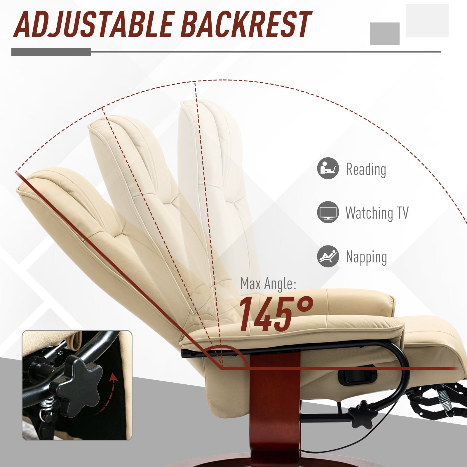 Faux Leather Armchair, 145¡ã Reclining Back and Footrest - Cream