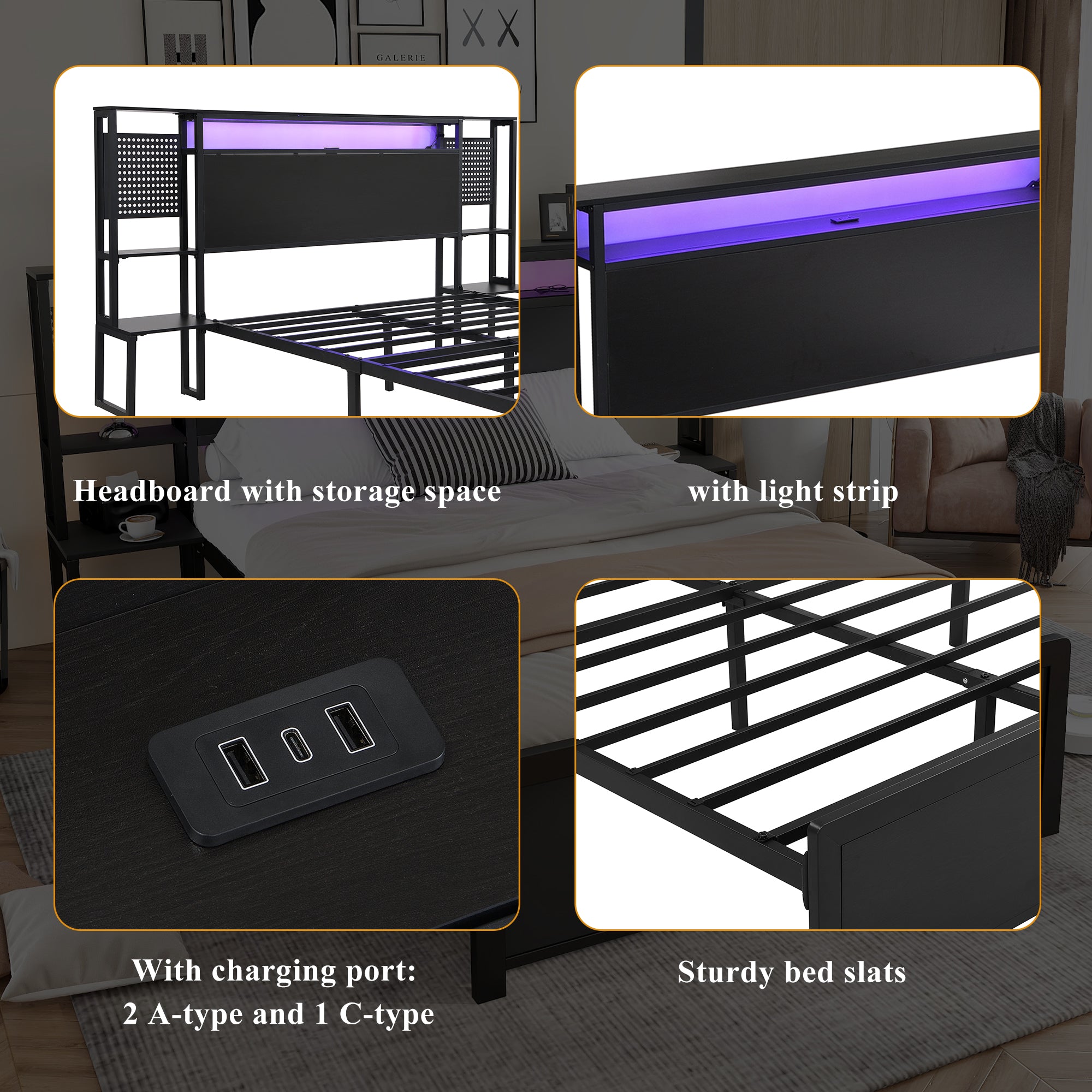 Metal Iron Bed 4ft6 Double 135x190cm with LED Lights & Charging Ports (2A/1C), One-Piece Bedside Table, Black