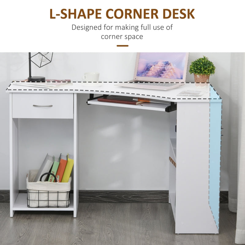 L-Shaped Corner Computer Desk with 2 Shelves, Keyboard Tray, and CPU Stand - White
