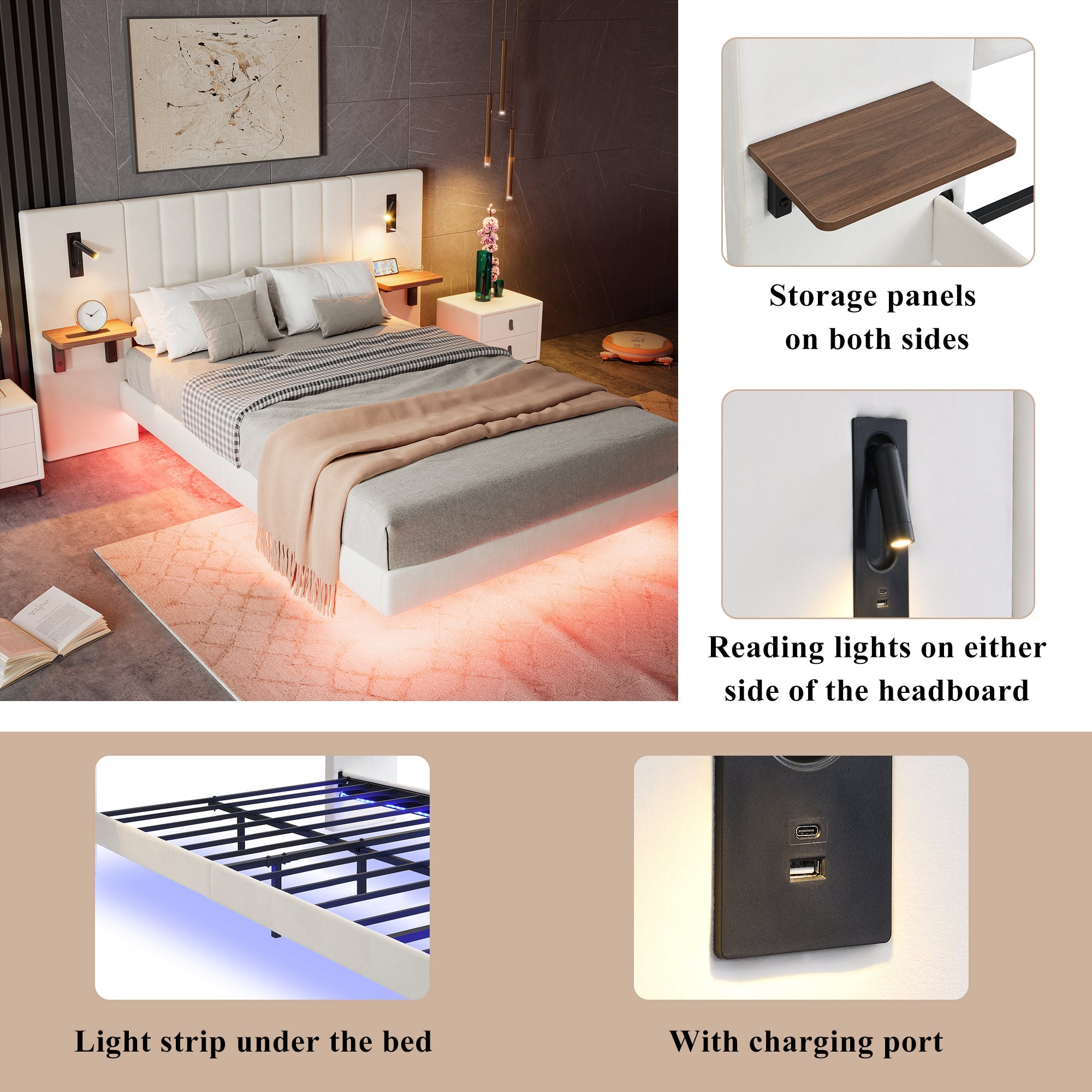 Upholstered Bed, 4ft6 Double, 2 Bedside Lamps, Headboard Storage & Charging, Velvet+Iron, White