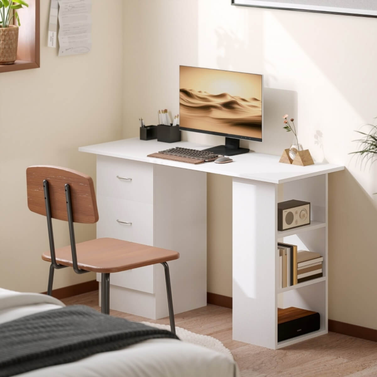 Computer Desk with Storage – Writing Desk with Drawers & Shelves for Home Office