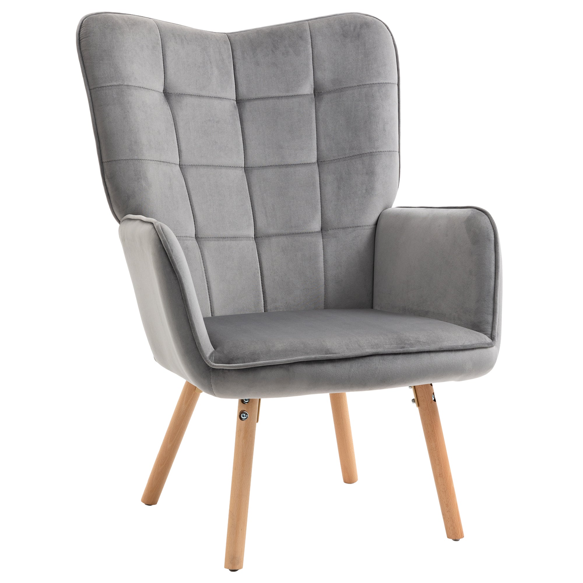Modern Accent Chair, Tufted Wingback Armchair with Wood Legs, Grey Velvet