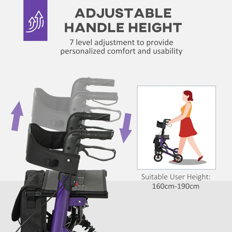 Folding Rollator Walker with Seat, Dual Brakes, Adjustable Height, 4-Wheeled, Purple