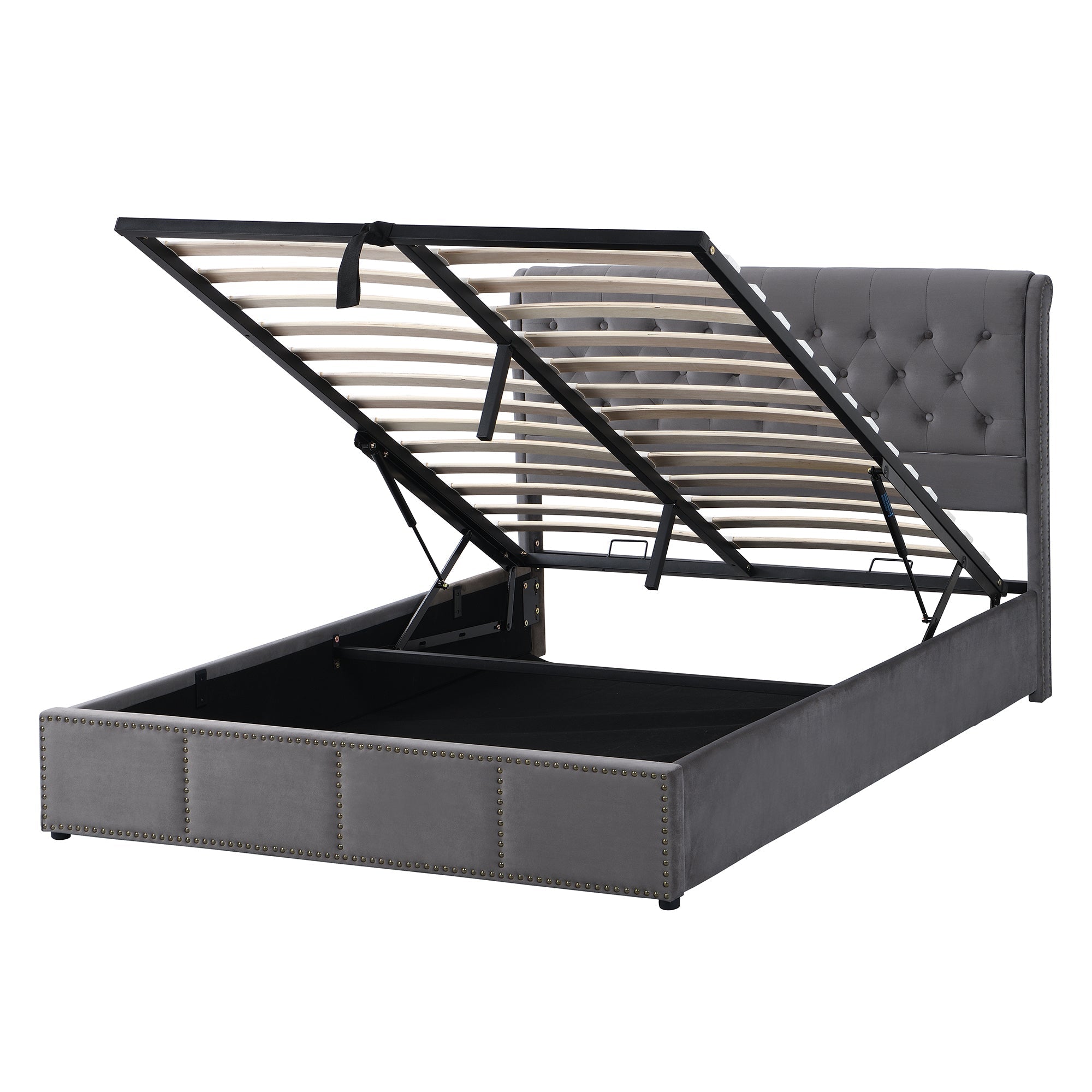 Upholstered Bed, King Size 5ft (150x200cm), Hydraulic Lift, Storage, Rivet Decoration, Grey Velvet