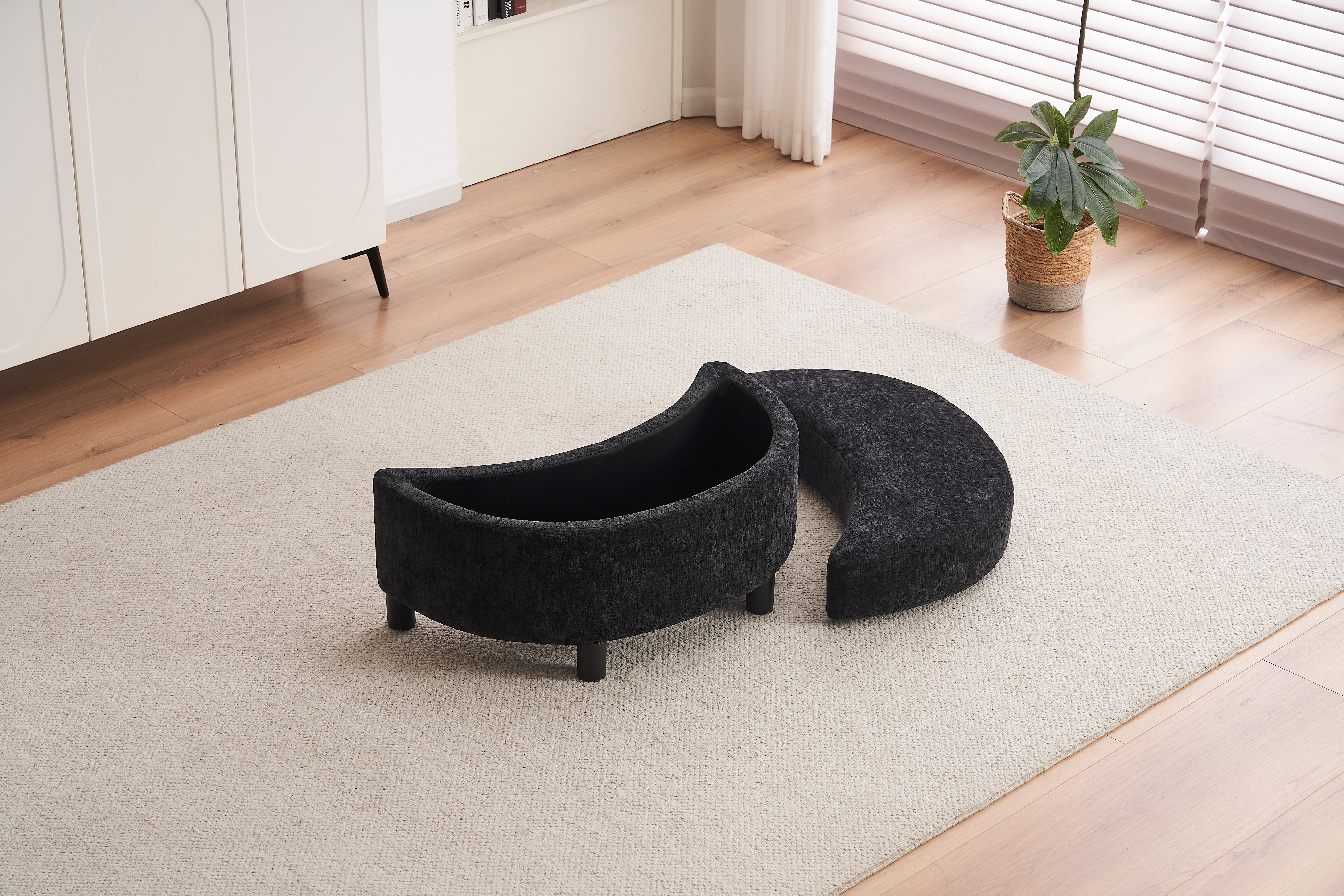 Chenille Swivel Armchair: 3 Back Cushion Pillow Ottoman Crescent Stool, Black