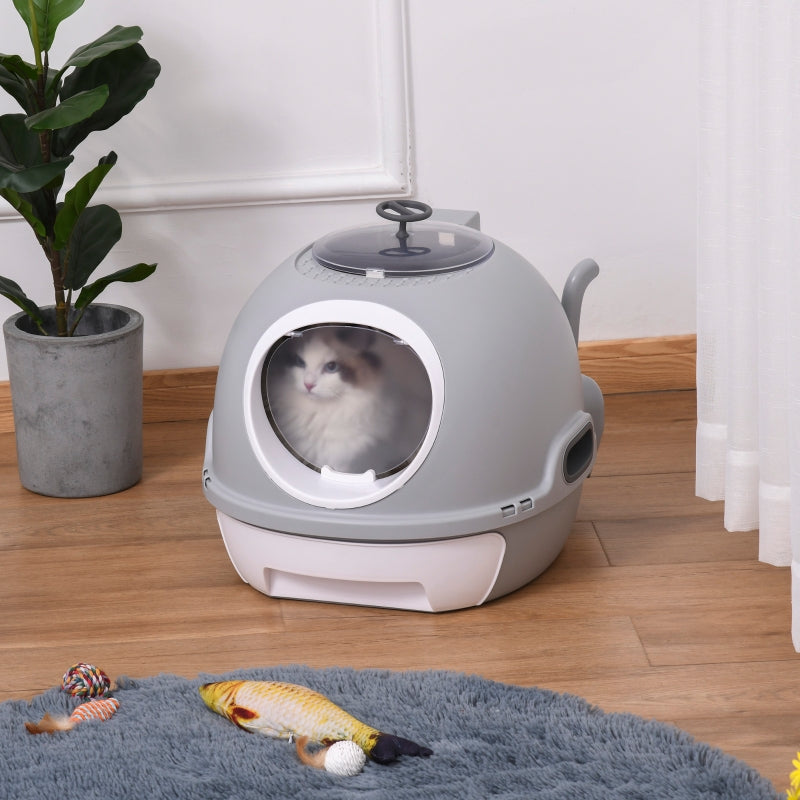 Cat Litter Box Toilet with Scoop, Enclosed Drawer, Grey