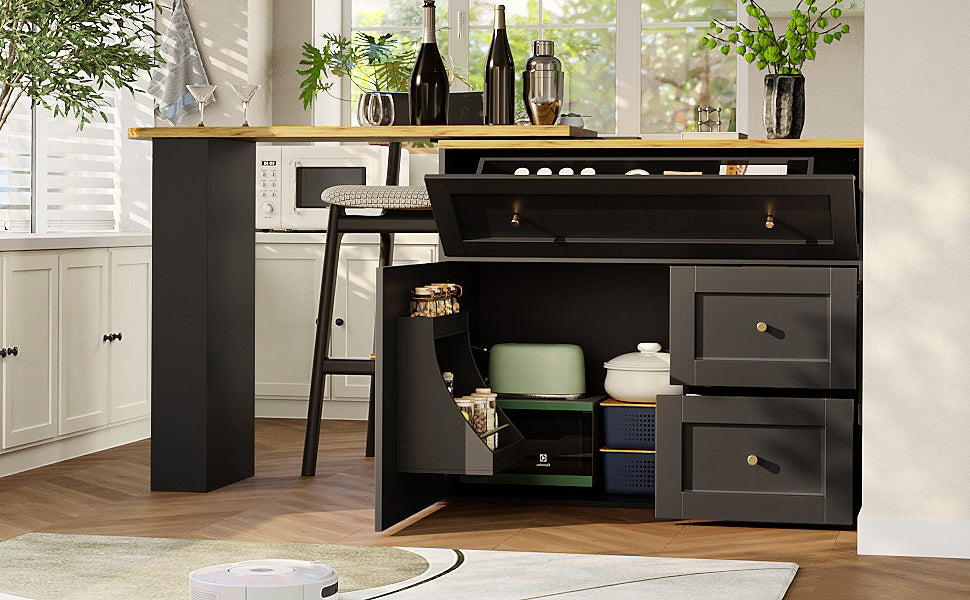 Extendable Bar Table with Storage, Snack Shelf, Kitchen Island - Black