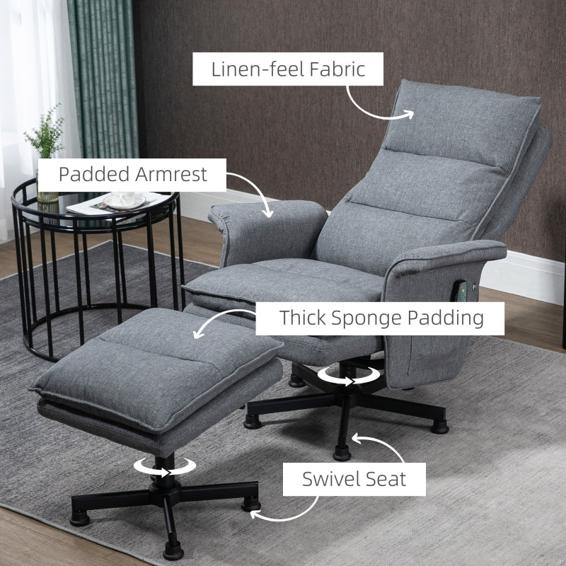 Swivel Recliner Chair and Footstool with Massage, Timer, Steel Base, Upholstered Grey