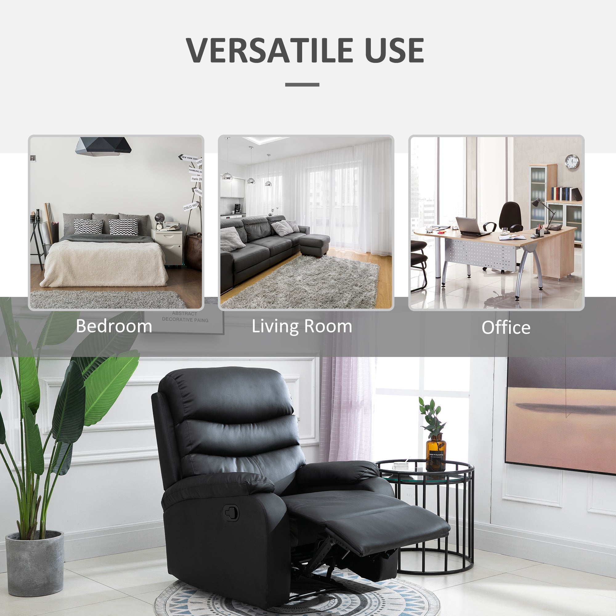 Reclining Chair Manual with Padded Armrests Retractable Footrest, Black PU Leather