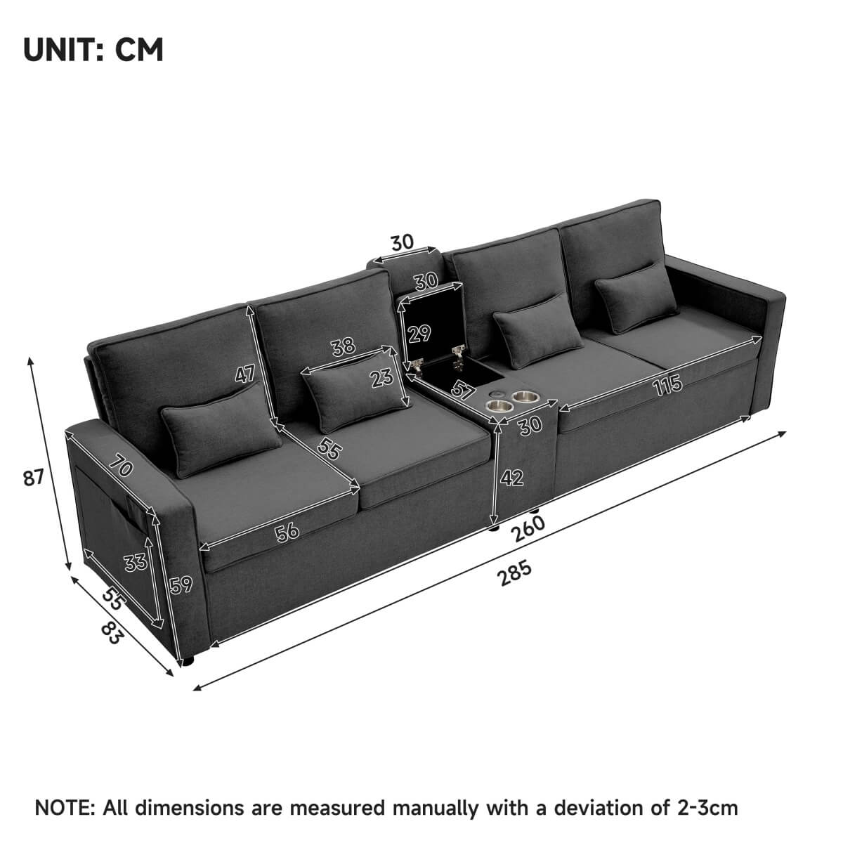 4-Seater Modern Sofa – Grey Linen, Storage Console, Cup Holders & USB/Type-C Charging