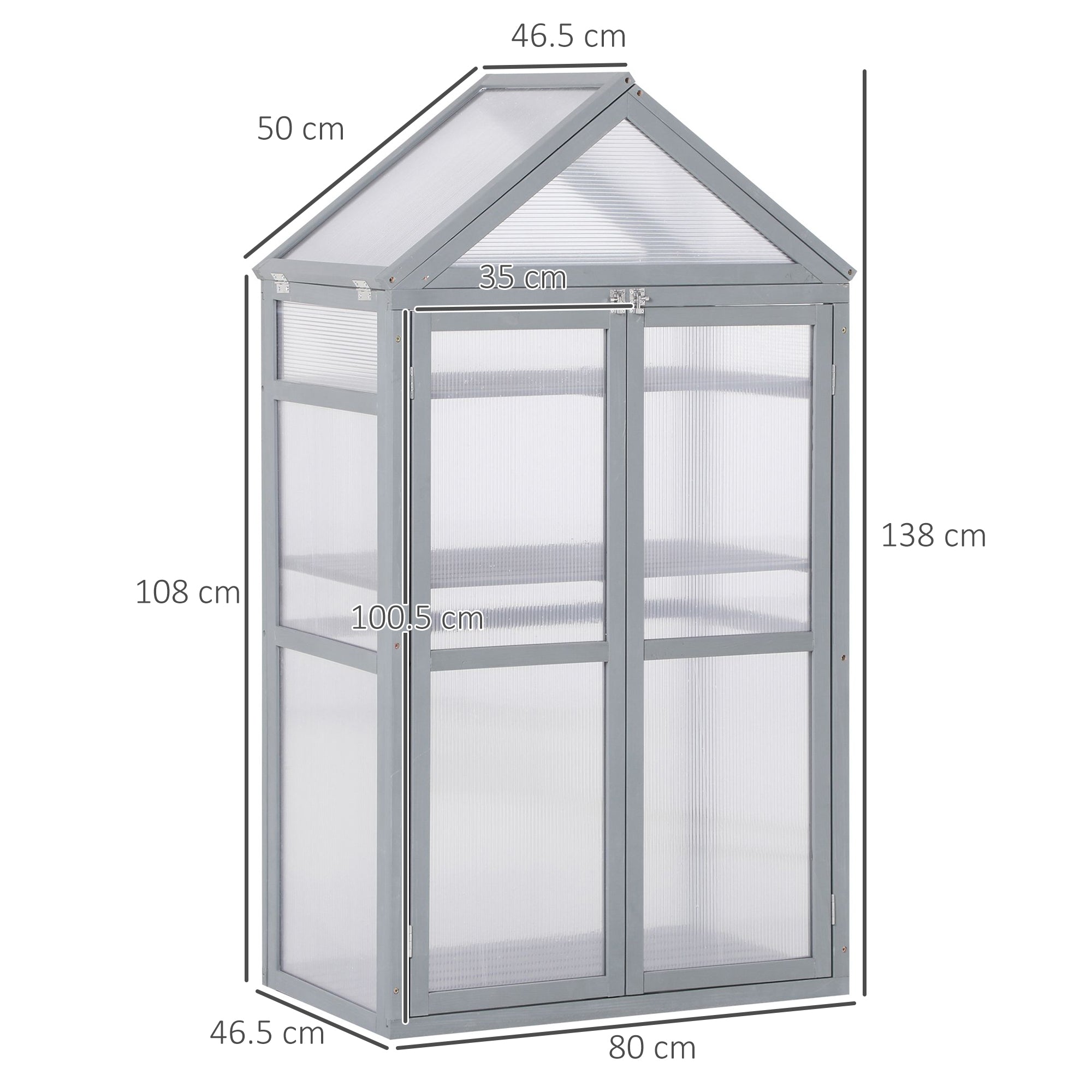 Garden Cold Frame Polycarbonate Greenhouse with Adjustable Shelves, Double Doors, Openable Top, Grey