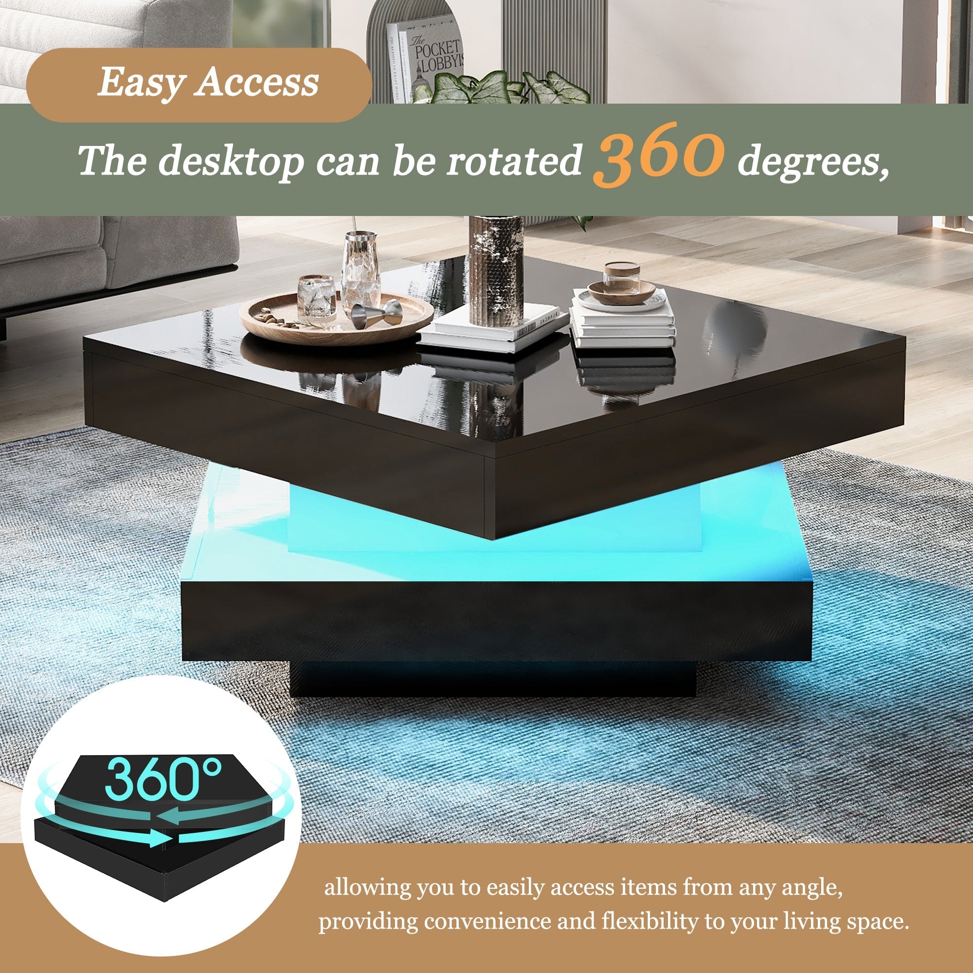Black Square High Gloss Coffee Table with 360¡ã Rotating Top, Tea Table with 16-Color LED light, 70x70x36 cm