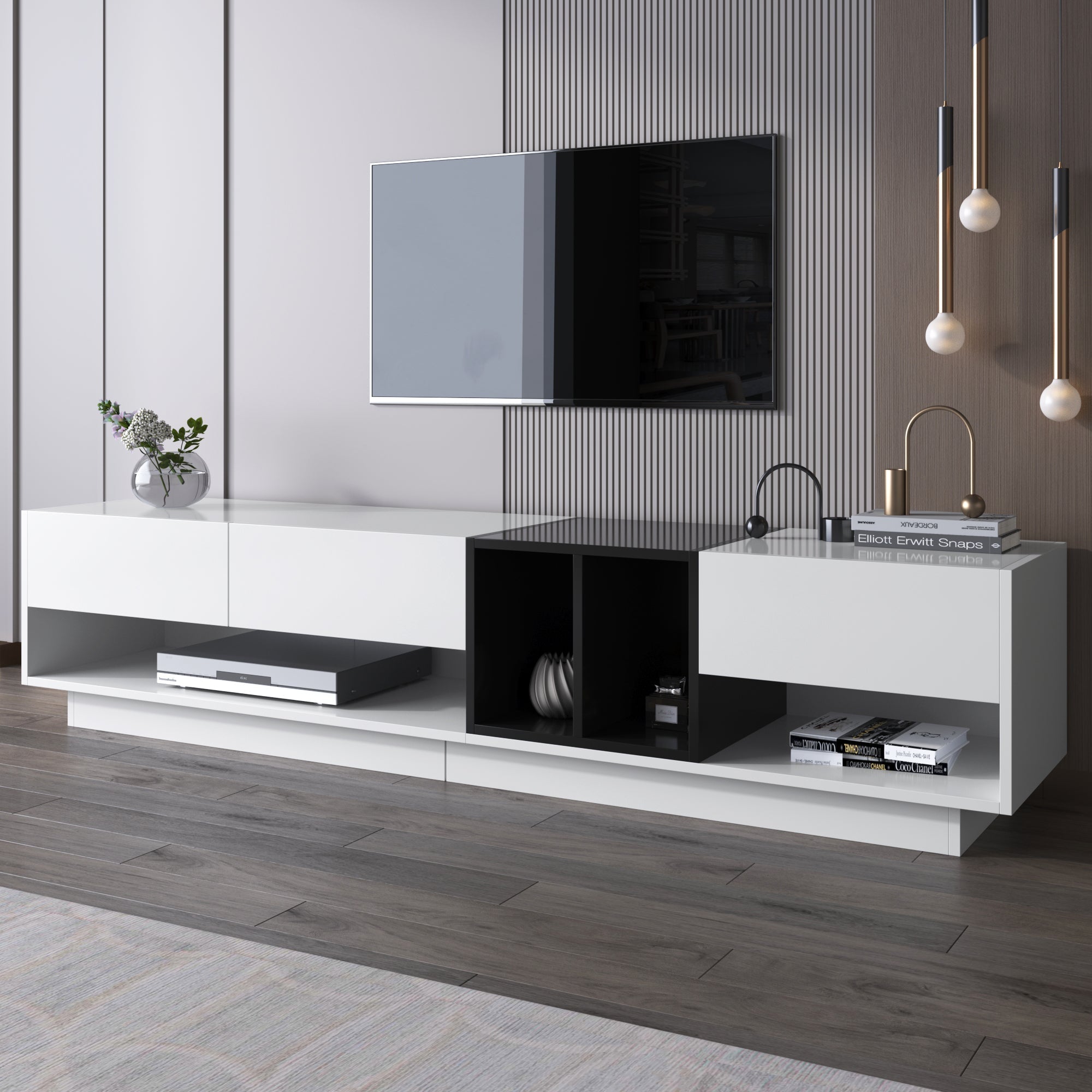 TV cabinet lowboard combination, color-blocking design with drawers and compartments, high-gloss white and black