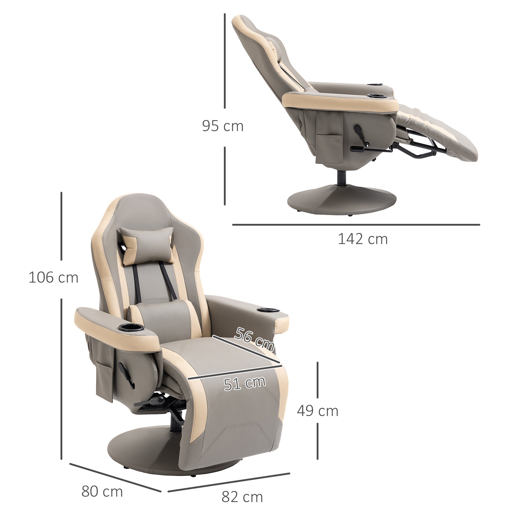 Manual Recliner Armchair with Adjustable Leg Rest, 135¡ã Reclining, 360¡ã Swivel, Grey PU Leather