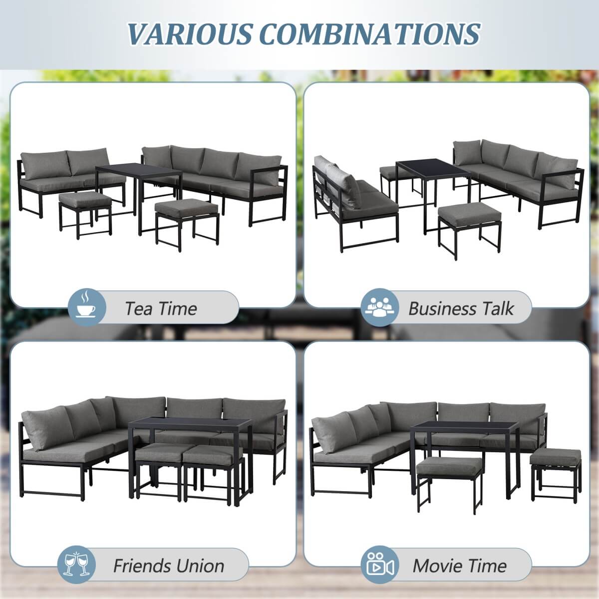Outdoor Garden Lounge Sofa Set – Reclining Corner Seating with Adjustable Backrests and Cushions Included