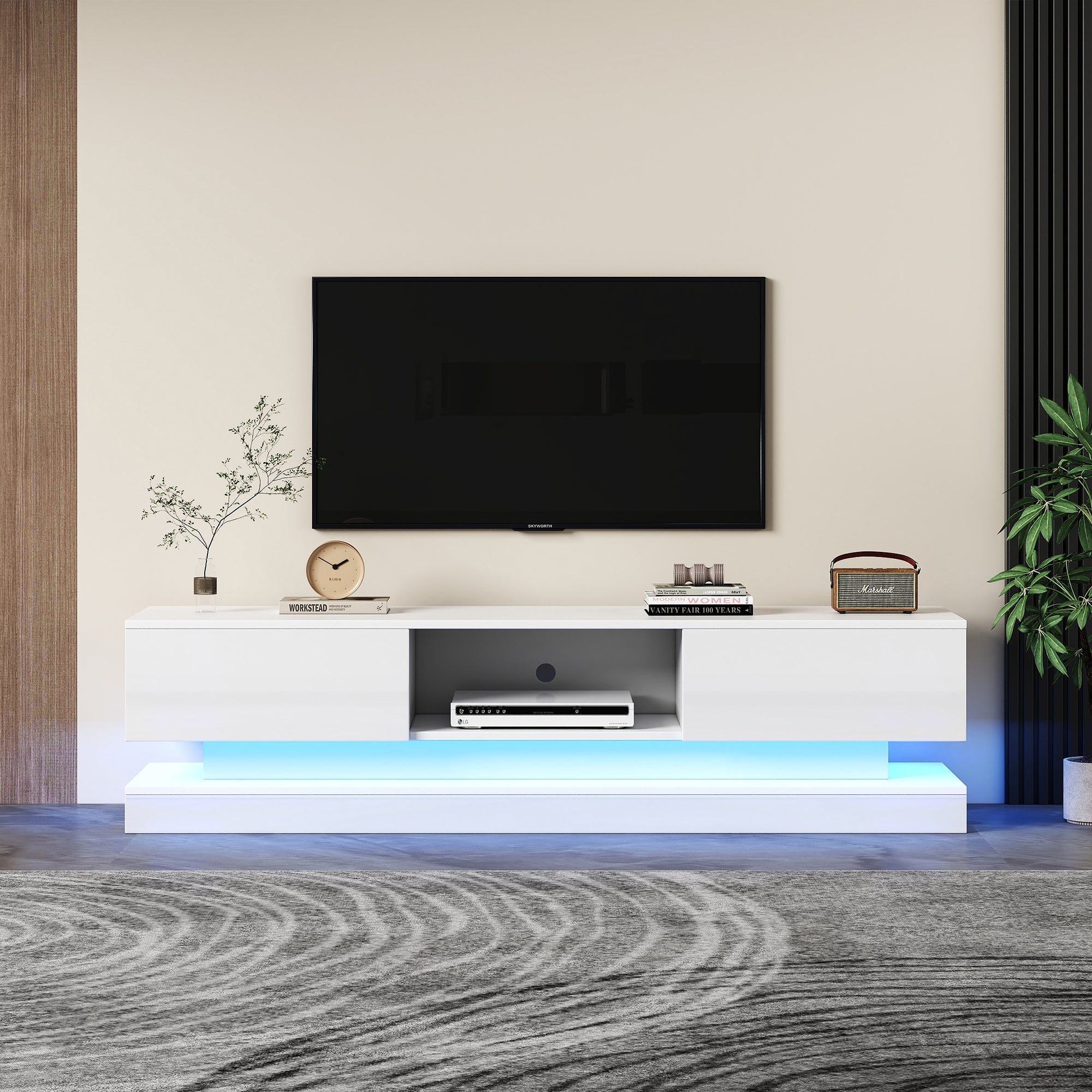 TV Stand 160 cm, with 16 Colour RGB LED Lights, High Gloss Front, 2 Drawers, 1 Open Storage Space, for 70-79 inch TVs, White