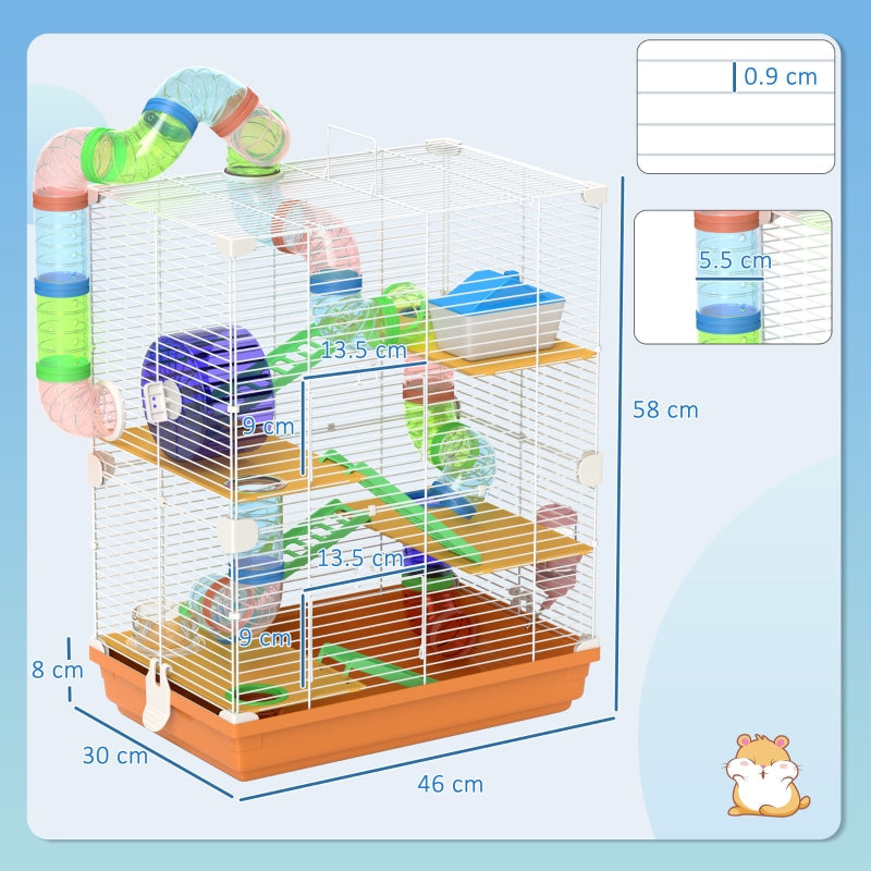 Hamster Cage, 5 Tier Habitat w/ Exercise Wheels, Tunnel, Orange