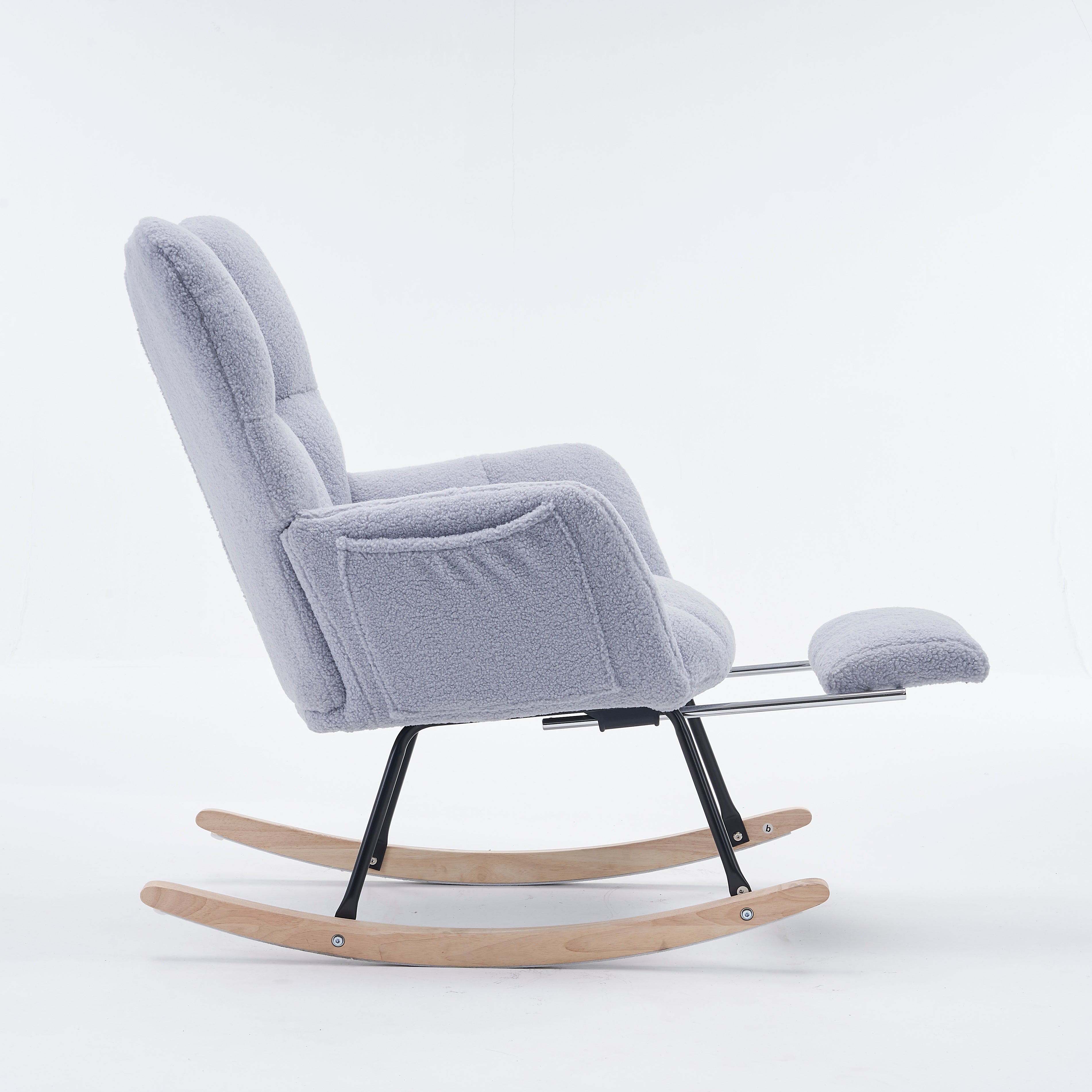 New Modern Teddy Fabric Tufted Upholstered Rocking Chair with Pull-Out Footrest, Light Grey