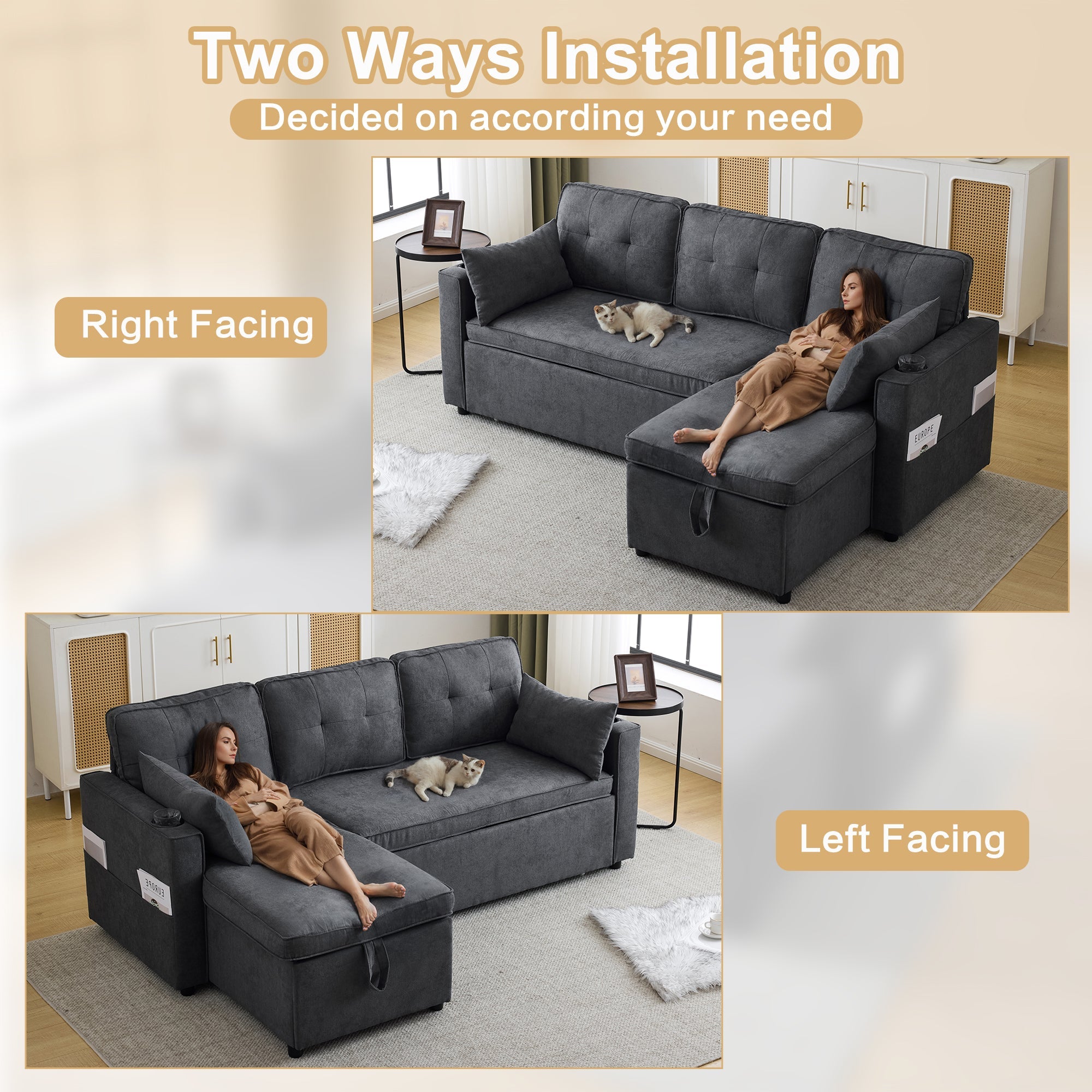 3-in-1 Convertible Sofa Bed with Storage Chaise, Cup Holders, Pillows - Grey