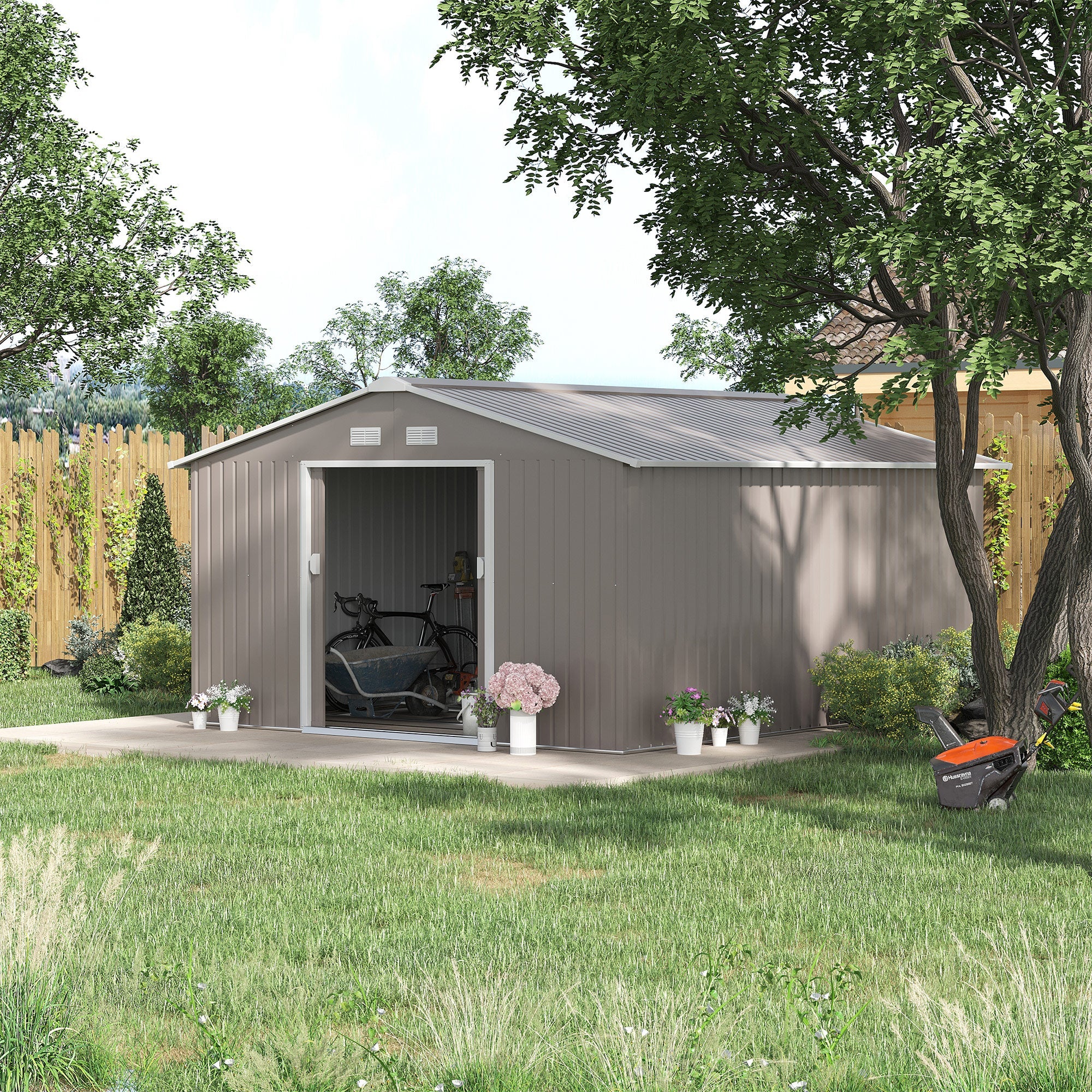 Large Garden Shed, Metal with Foundation Kit and Ventilation, Light Grey