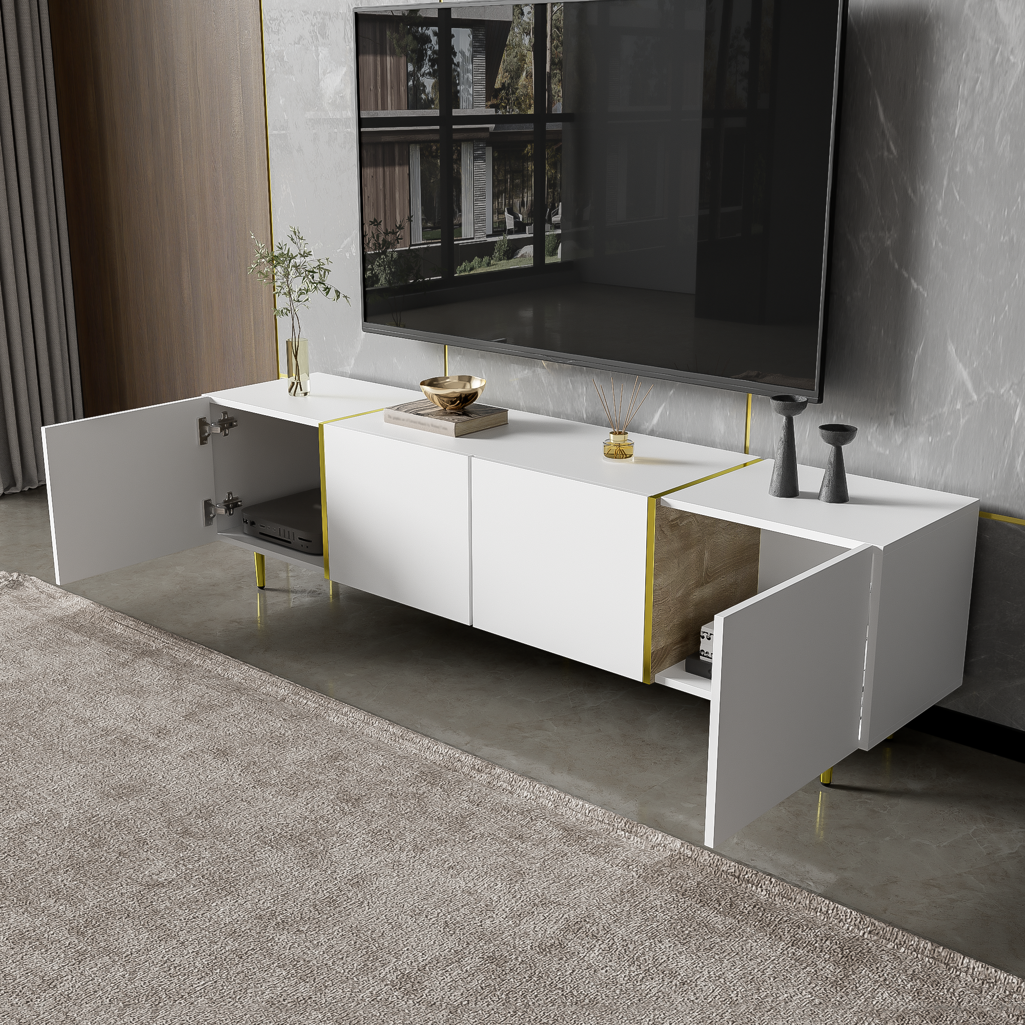 High-gloss TV cabinet with four doors, modern and simple, in white