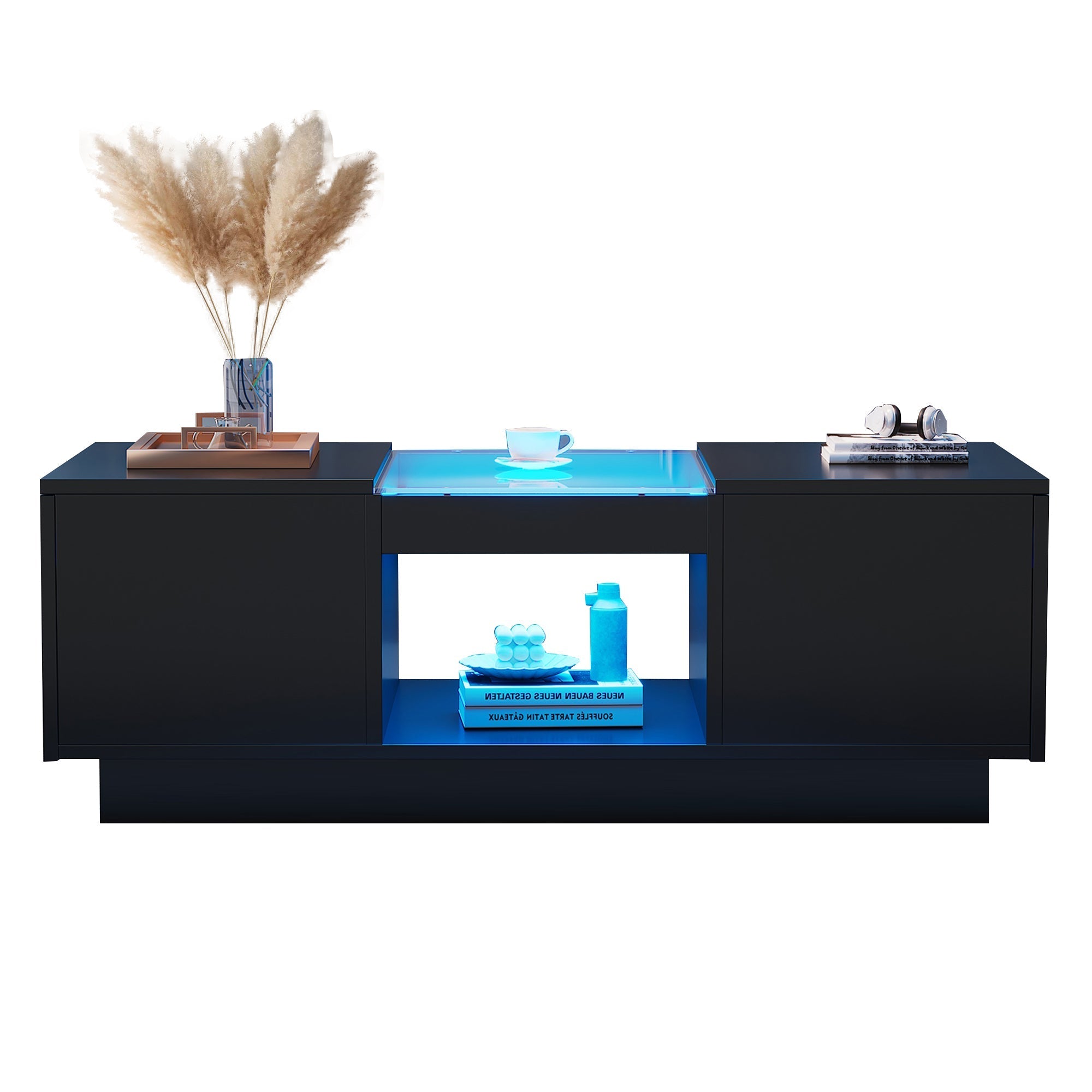 Coffee Table: Modern with Storage & LED Lights, 2 Tiers & 2 Drawers, Large Living Room Center Table, Black Particle Board