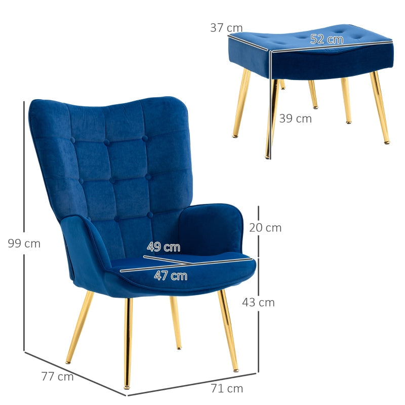 Modern Armchair with Footstool, Upholstered Accent Chair with Steel Legs, Dark Blue Velvet