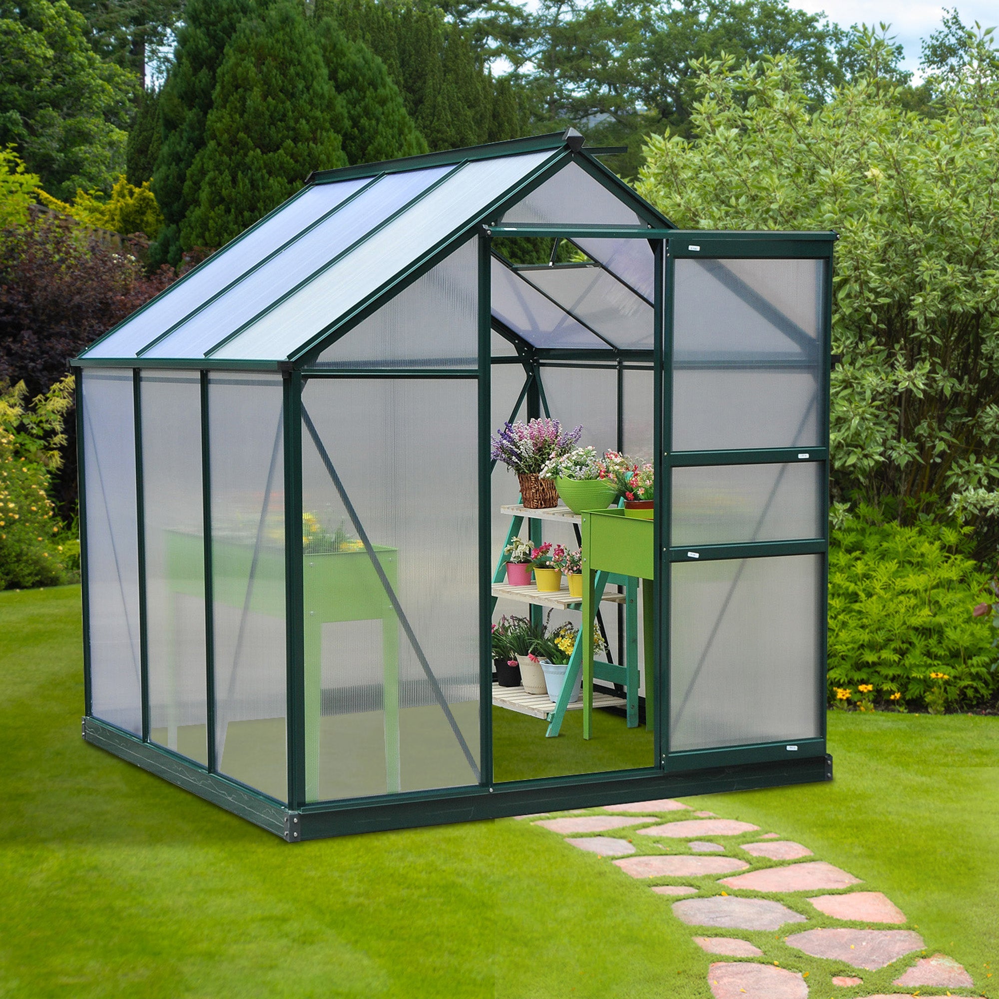 Polycarbonate Greenhouse, 6 x 6ft Walk-In with Slide Door and Window, Dark Green