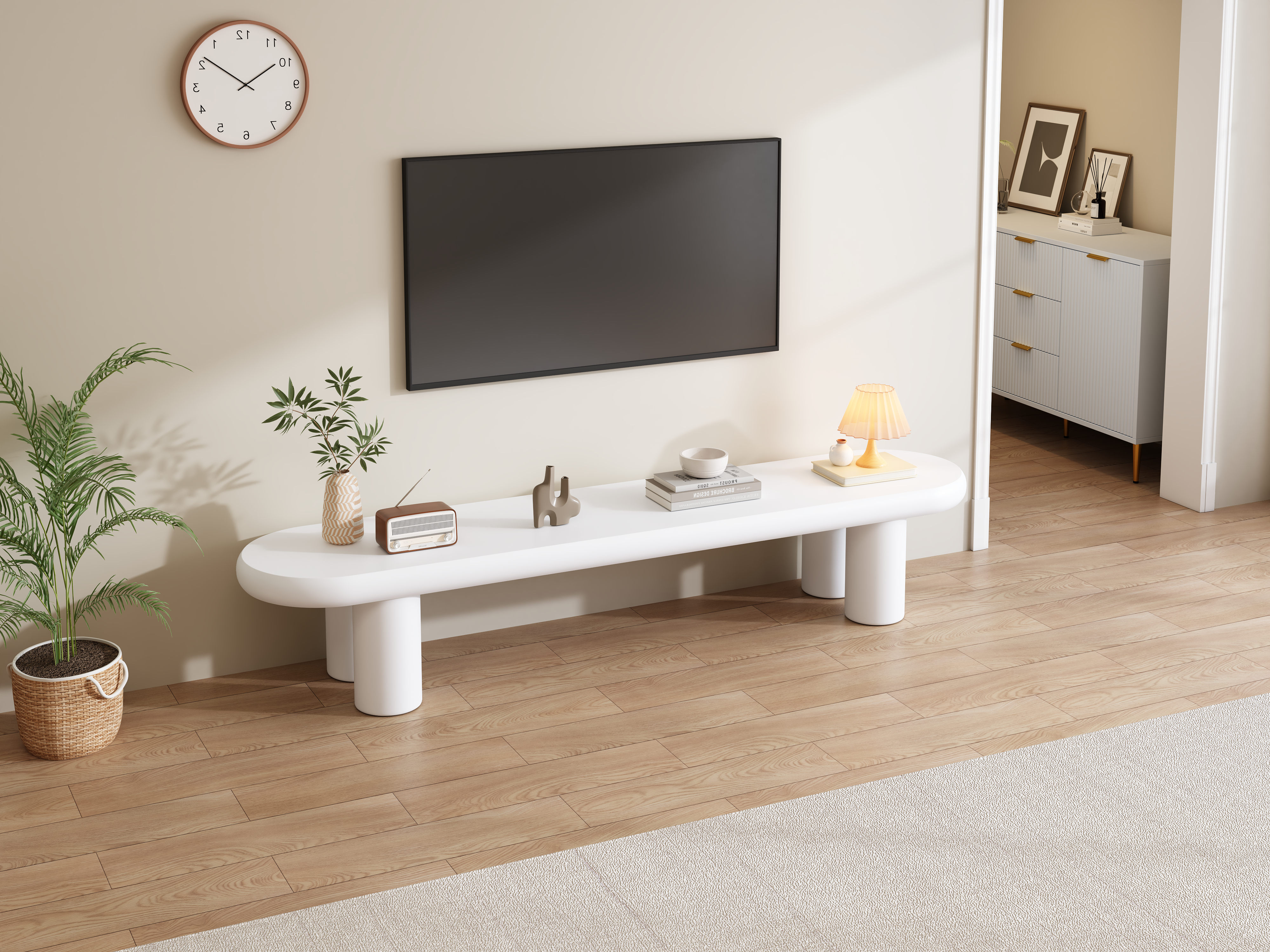 TV Stand Cabinet, White Painted, for TVs up to 70 inch, Wooden Entertainment Center