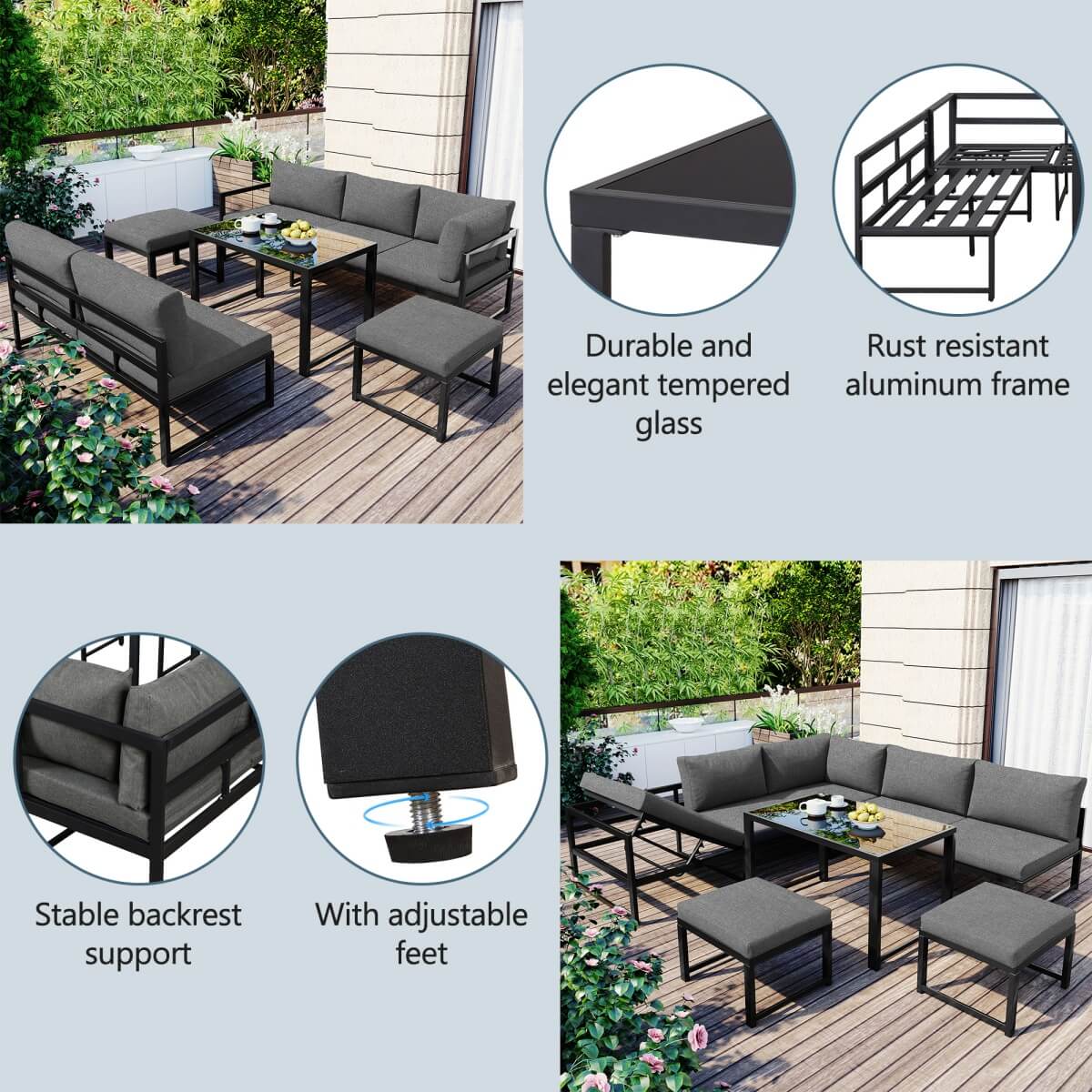 Outdoor Garden Lounge Sofa Set – Reclining Corner Seating with Adjustable Backrests and Cushions Included