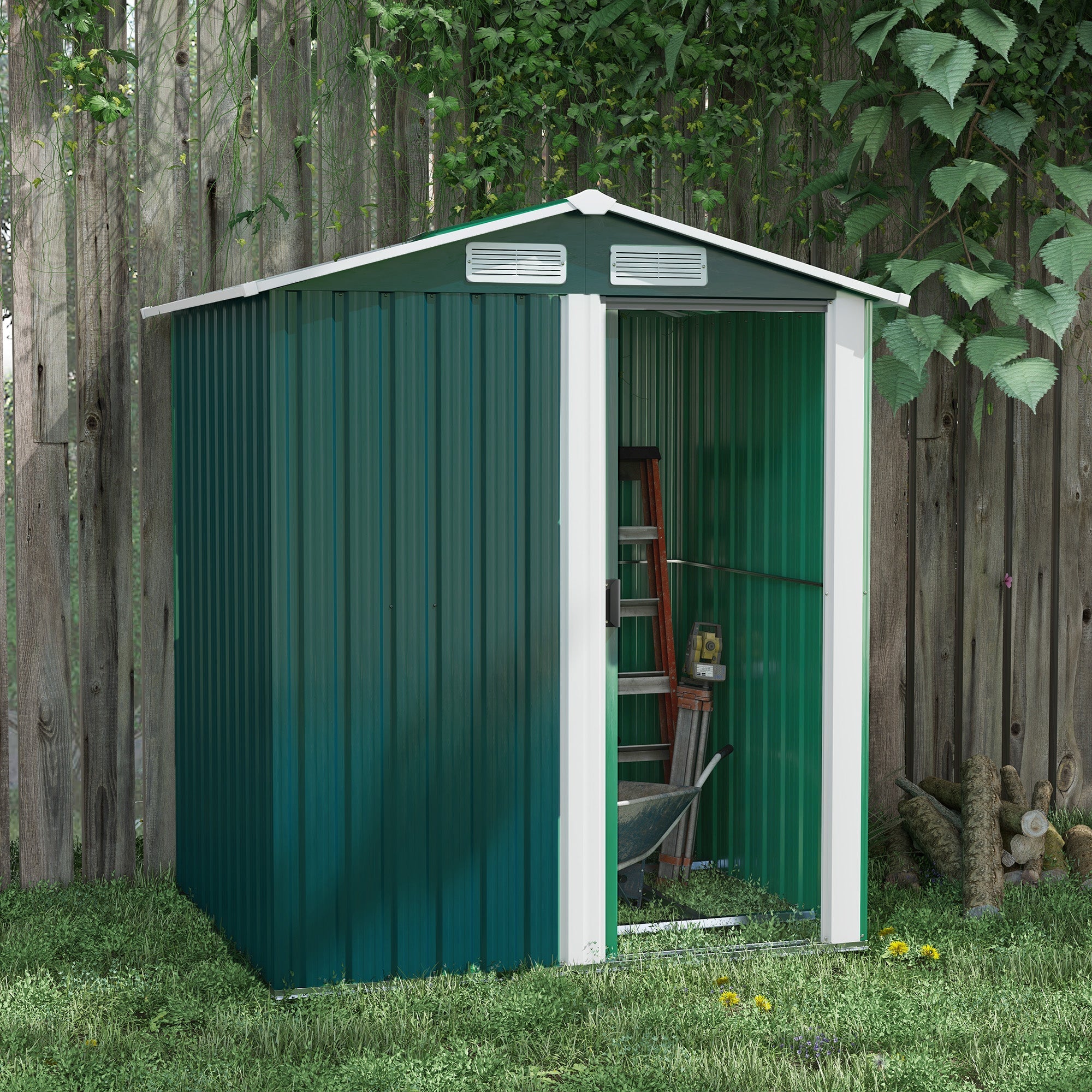 Garden Metal Tool Storage Shed with Sliding Door, Sloped Roof and Floor Foundation, Green