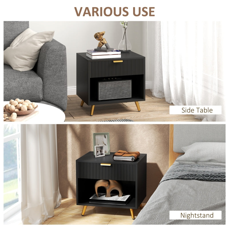 Elegant Bedside Table with Drawer and Shelf - Black/Gold Tone