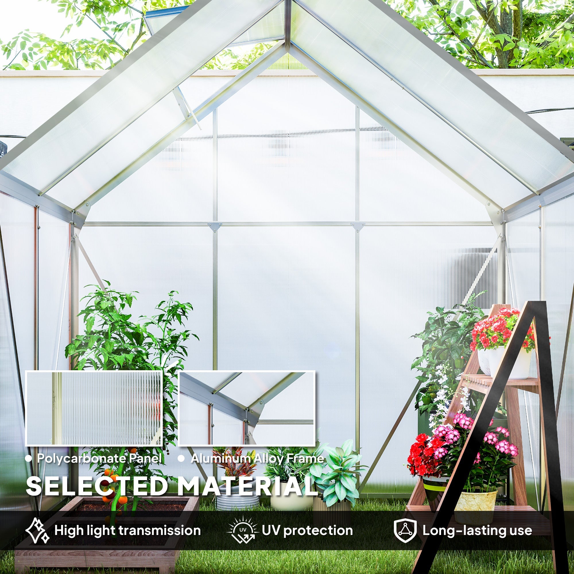 Walk-In Polycarbonate Greenhouse 192.5 x 131cm, Silver-Tone
