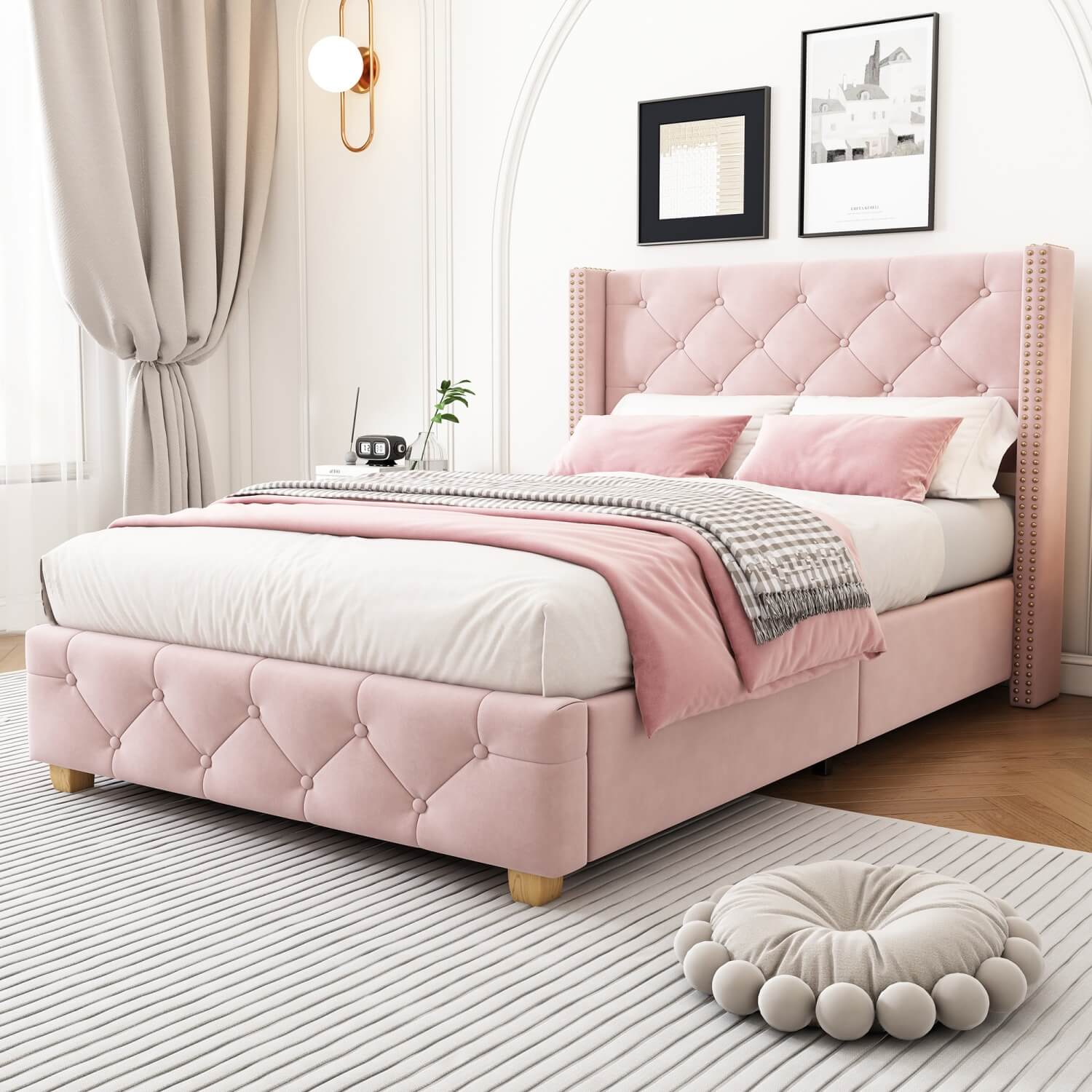 3ft Single Velvet Bed Frame - Upholstered Bed with Button & Stud Headboard, Wooden Legs, Pink