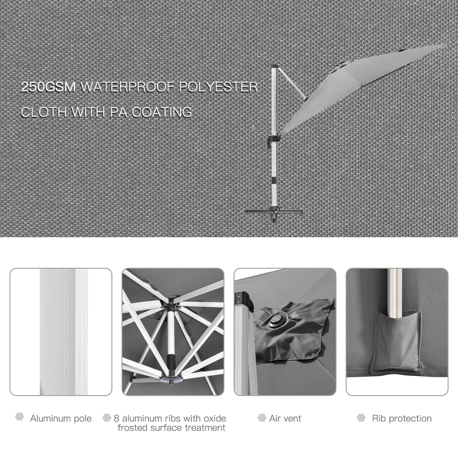 Cantilever Roma Parasol, Square Garden Umbrella with Cross Base, Crank, Tilt, 360?? Rotation, Aluminium Frame, Grey