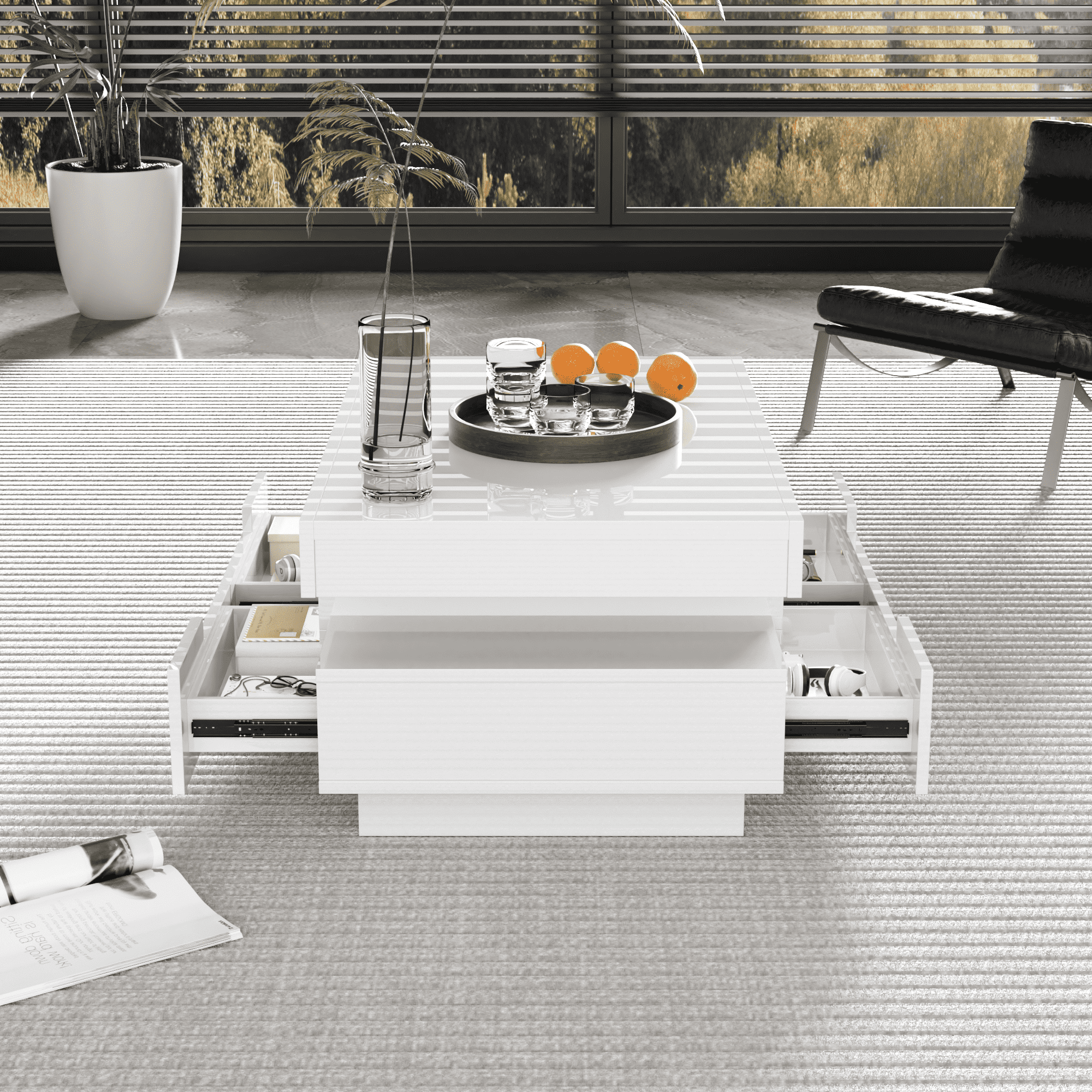 Coffee Table, High-Gloss, LED Light, Four Drawers, Large Storage