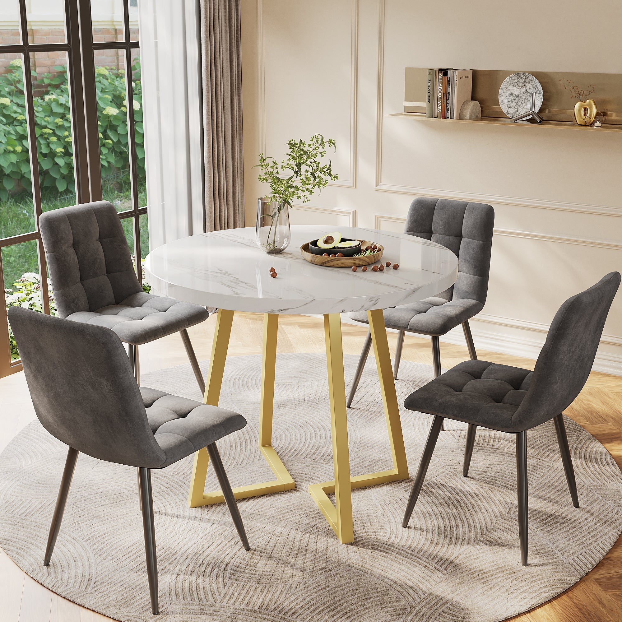 Dining Table Set (5 Pieces) with 4 Chairs, 80cm Round White MDF Table & Dark Grey Velvet Chairs