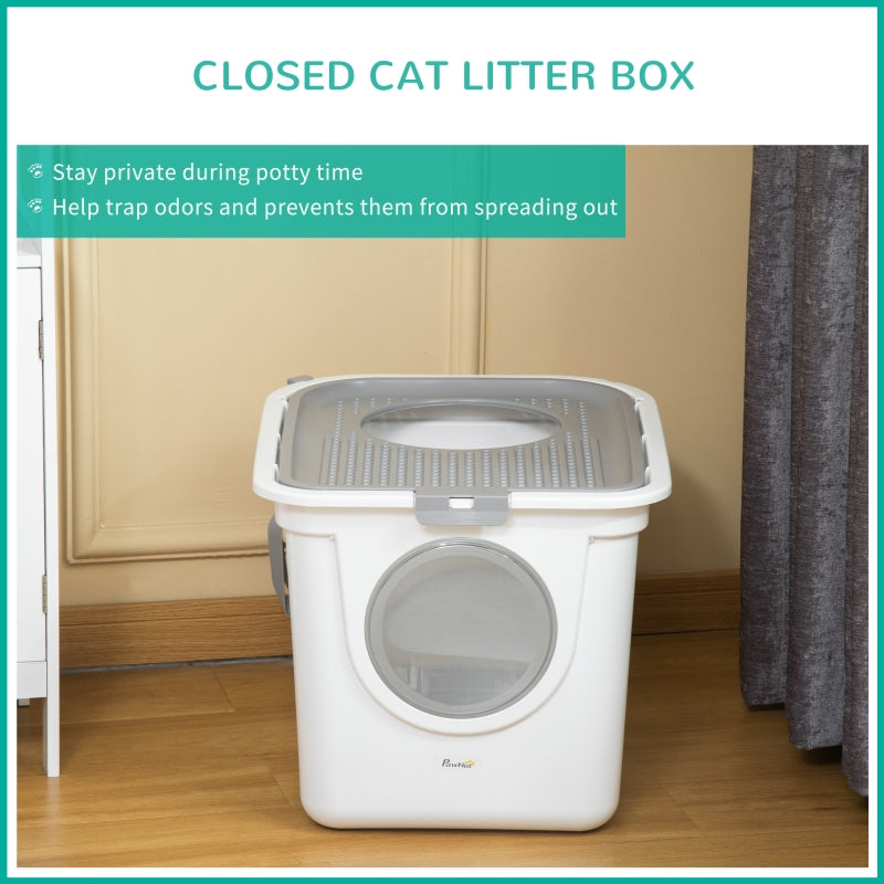 Cat Litter Box, Enclosed Kitten Pan with Front Entrance Top Exit, High Side, Scoop, White