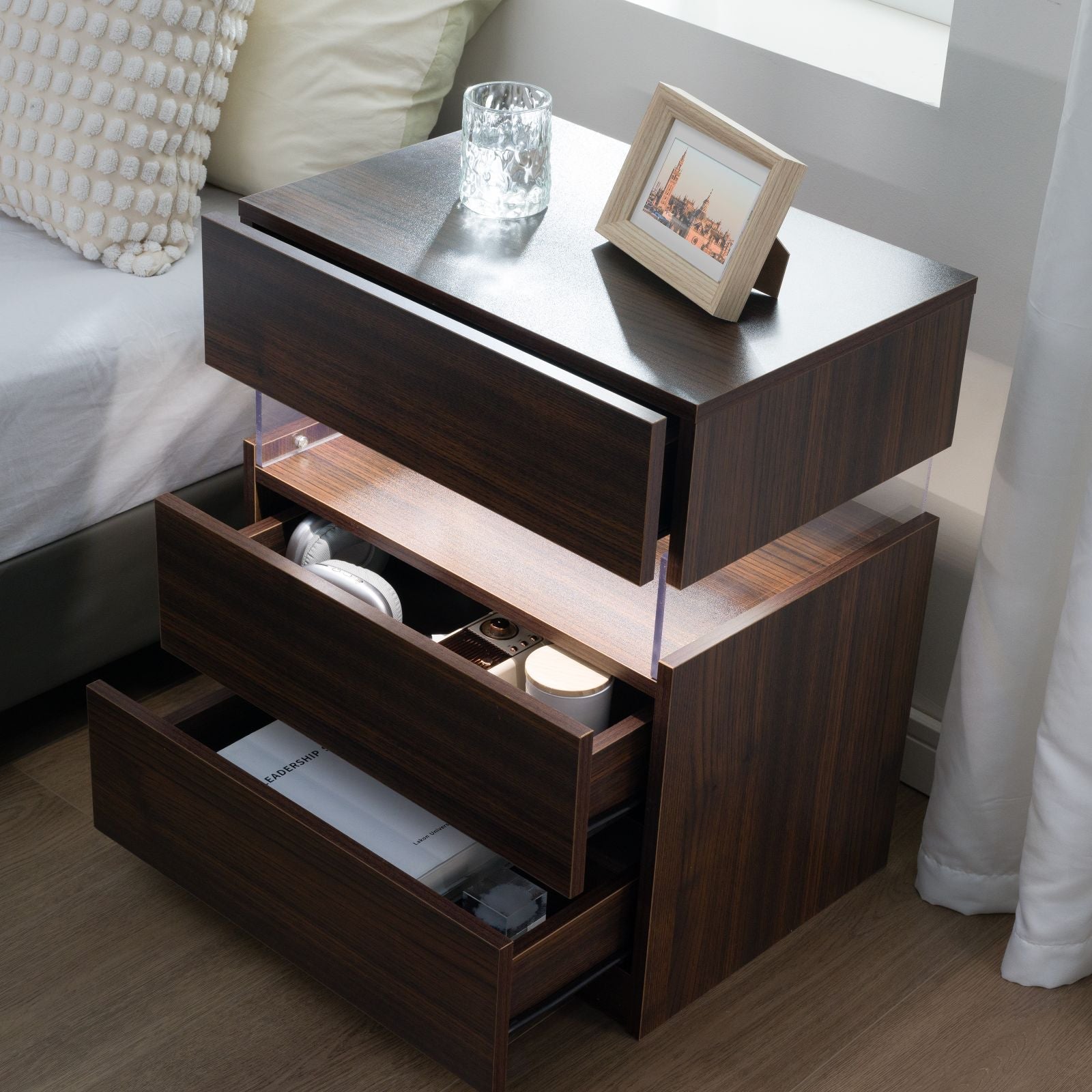 LED Nightstands: Acrylic Board LED Bedside Tables for Bedroom End Table with 3 Drawer Dresser, Walnut Material