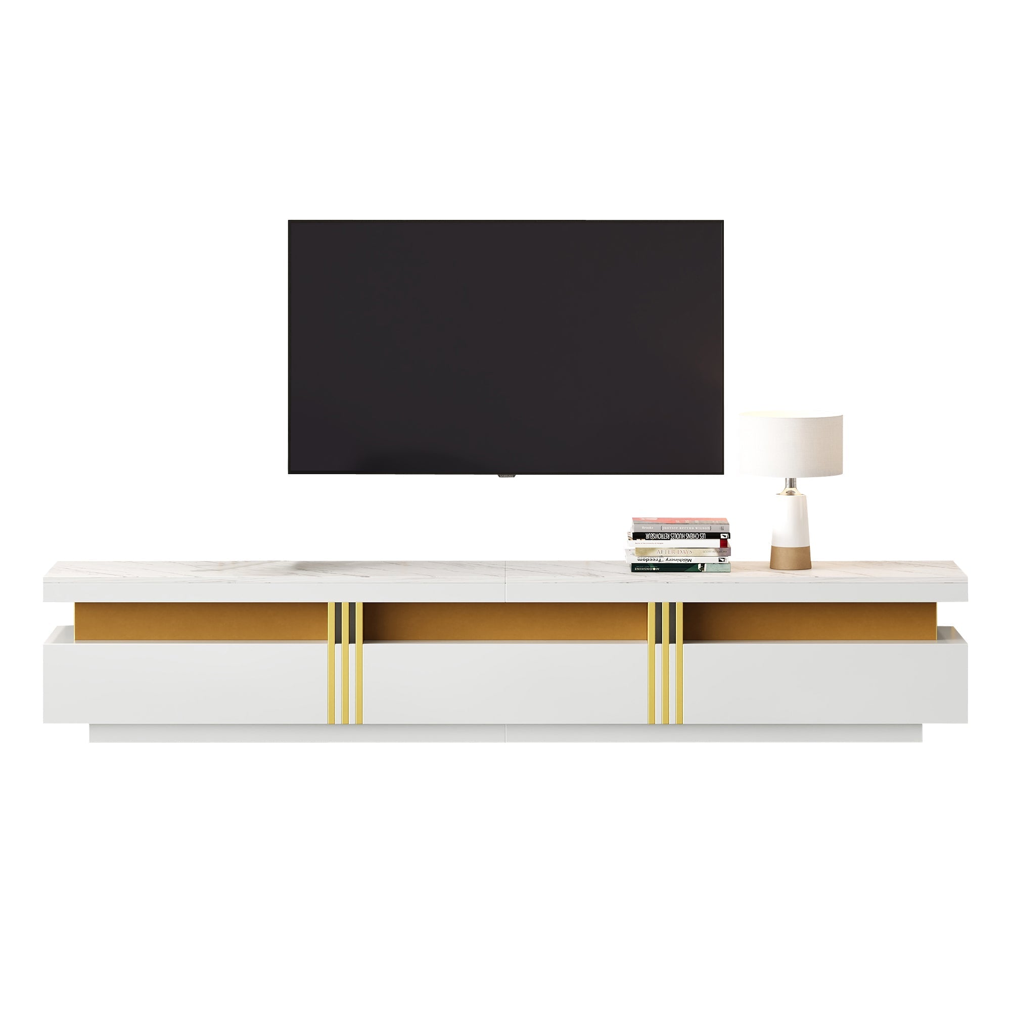 Luxury TV Stand with Faux Marble Top, 3 Drawers for TVs Up to 89'', Golden Panel, White