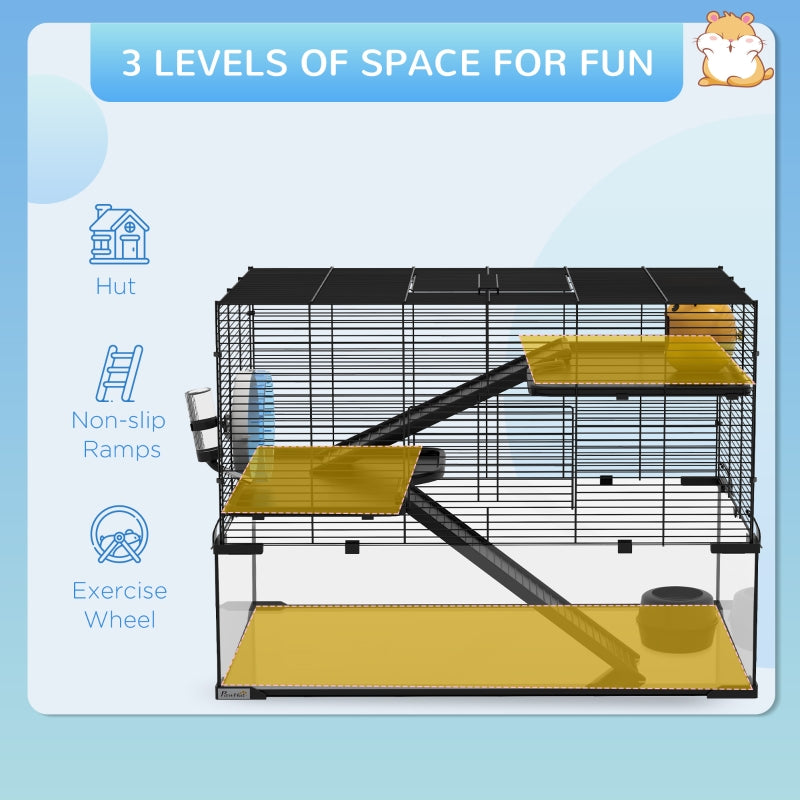 Hamster Cage, 3 Tiers with Deep Glass Bottom, Non-Slip Ramps, Water Bottle, Clear