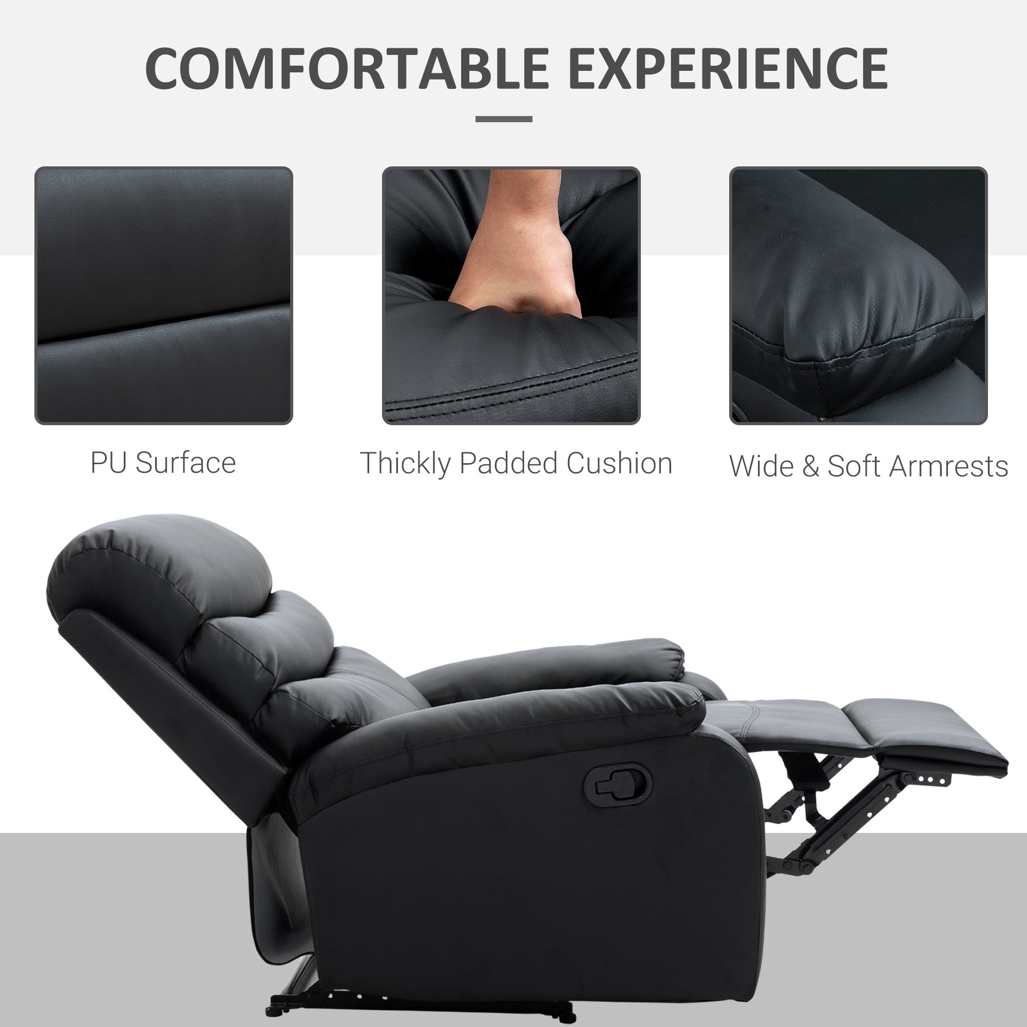 Reclining Chair Manual with Padded Armrests Retractable Footrest, Black PU Leather