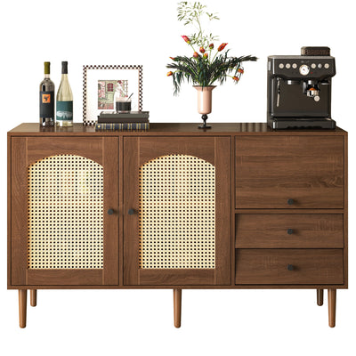 Country-Style Sideboard with Rattan Doors, Magnetic Closure Adjustable Shelves, Wood Tone