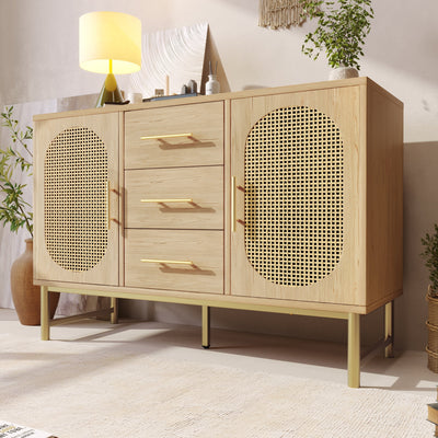 Rattan Sideboard Storage Cabinet with 2 Doors & 3 Drawers, Metal Handles, Adjustable Shelves, Oak