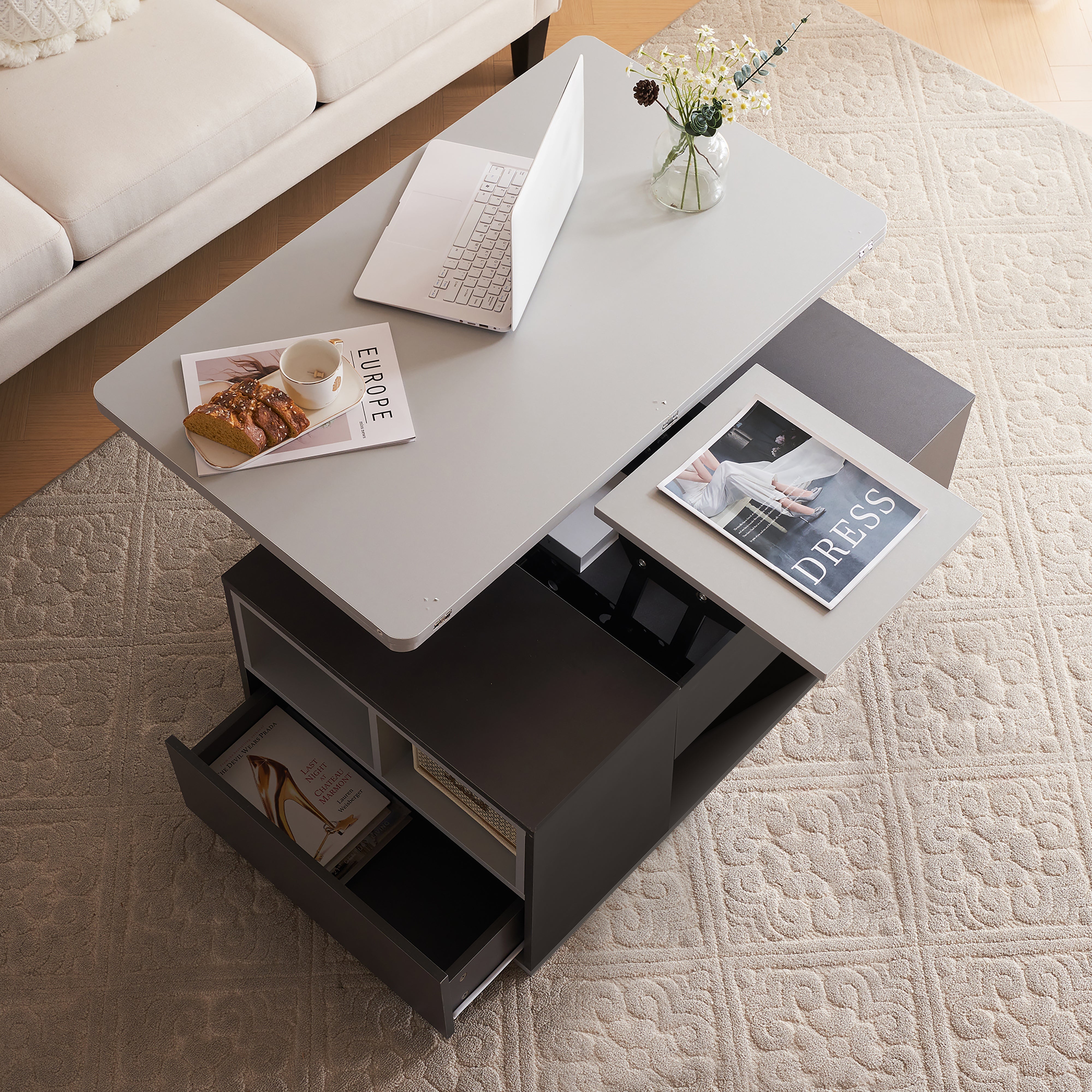 Coffee Table with Storage, Lift-Up, 2 Drawers, Grey