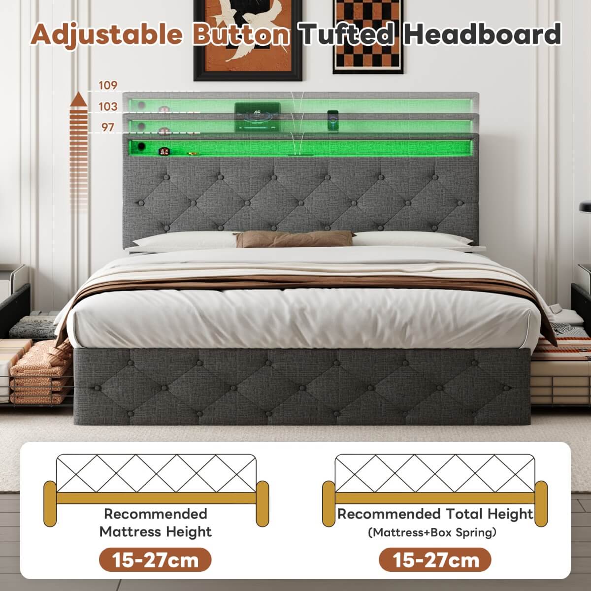 4ft6 Double Upholstered Storage Bed - LED Drawers with USB & Type-C Charging, Adjustable Tufted Headboard
