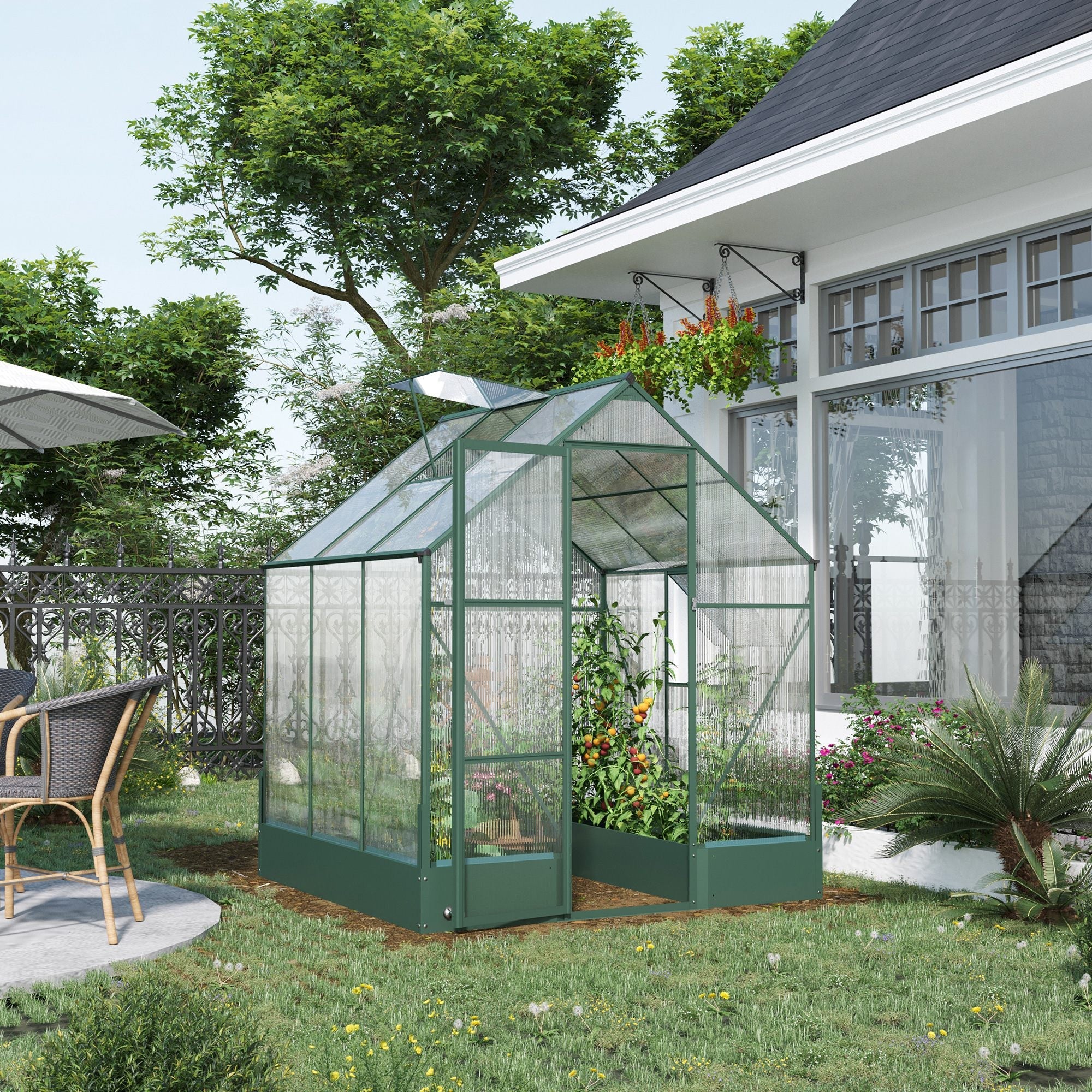 6x6 FT Polycarbonate Greenhouse with Base and Raised Bed, Walk-in with Temperature Controlled Window, Aluminium