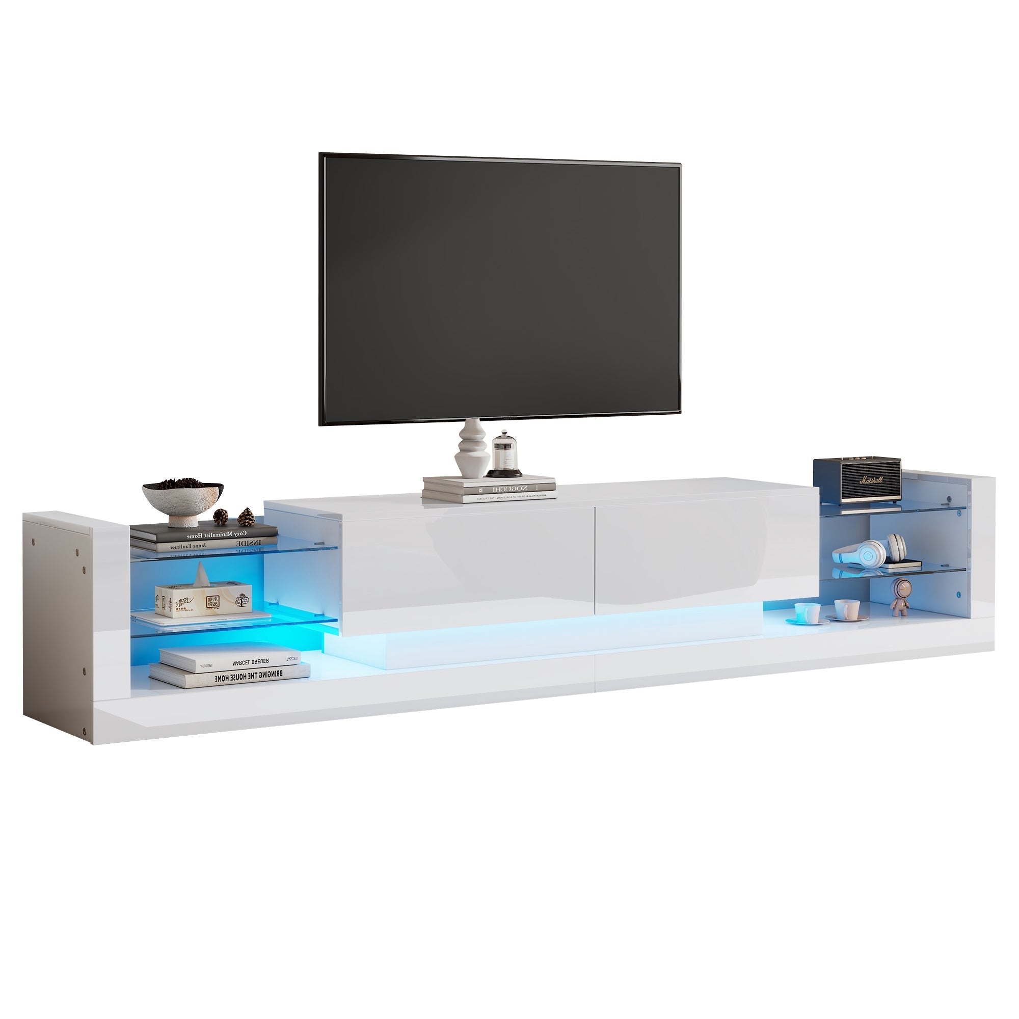 Open Glass Storage TV Stand, LED Lights High Gloss, White