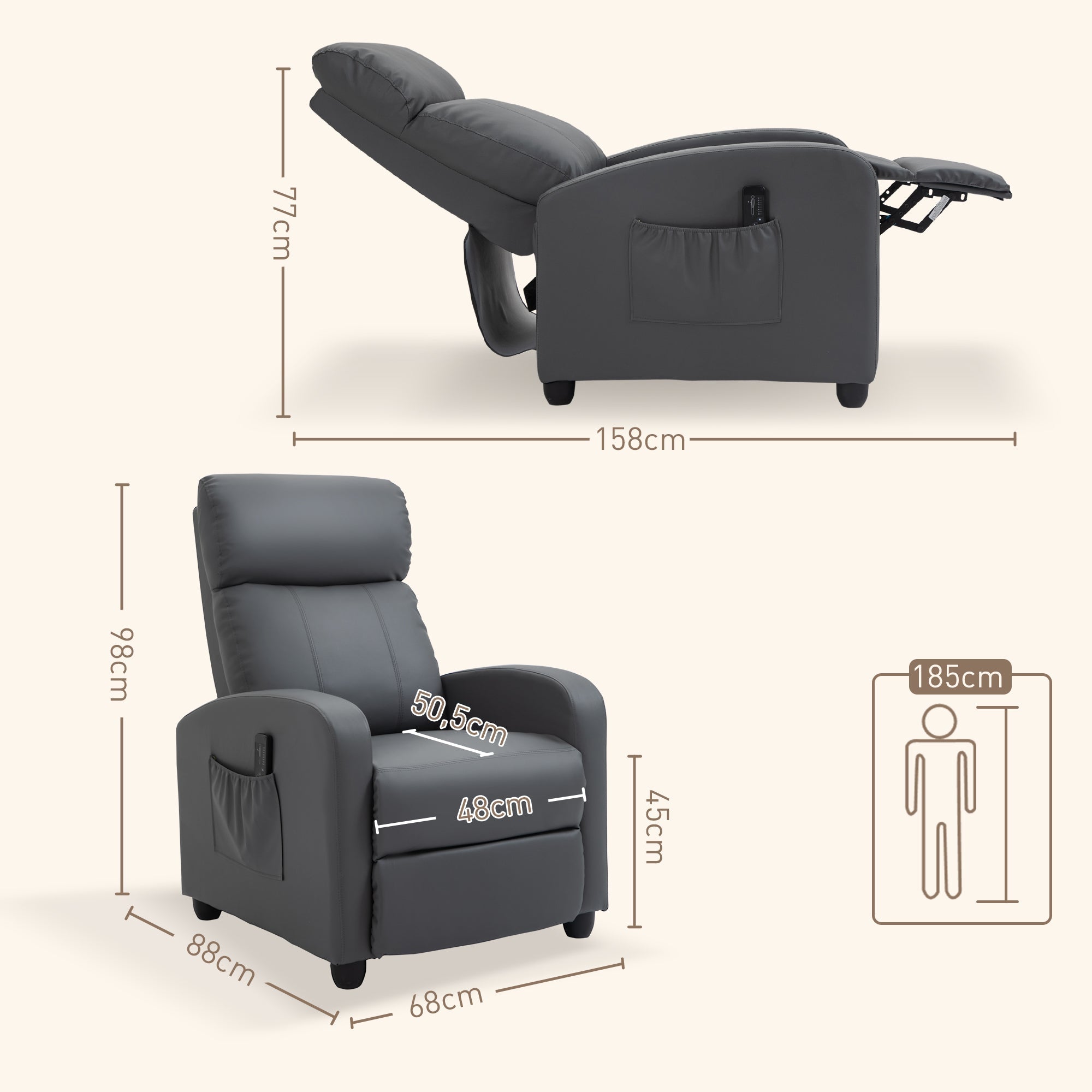 Recliner Armchair, Massage Push Back with Adjustable Leg Rest, Faux Leather Grey