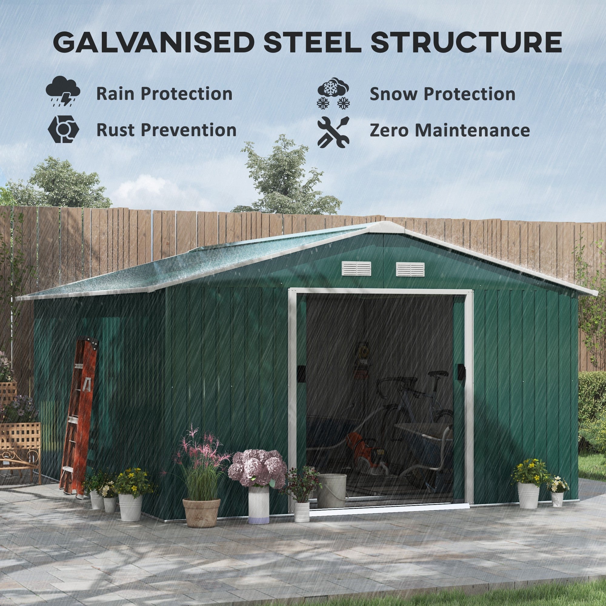 Steel Sliding Door Storage Shed 12.5 x 11.1ft - Green